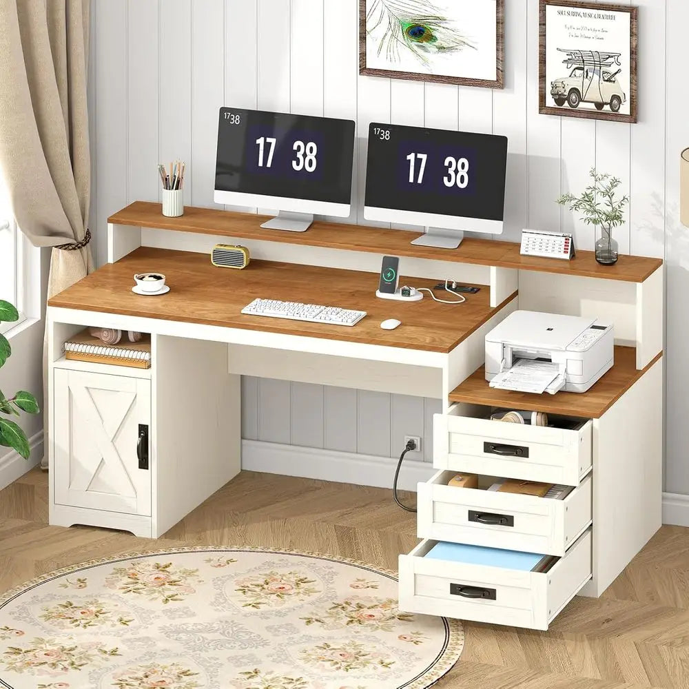 Computer Desk With Drawers Power Outlets Storage Cabinet Printer Stand