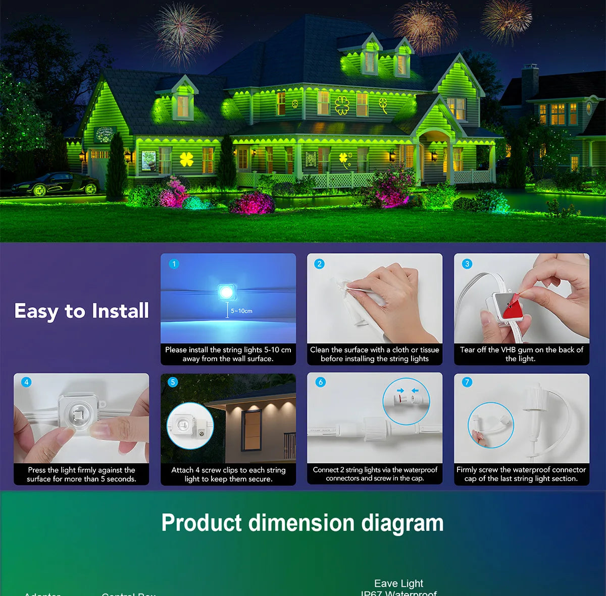 MIMIRGB Permanent Outdoor LED Light String Strip App Bluetooth Control