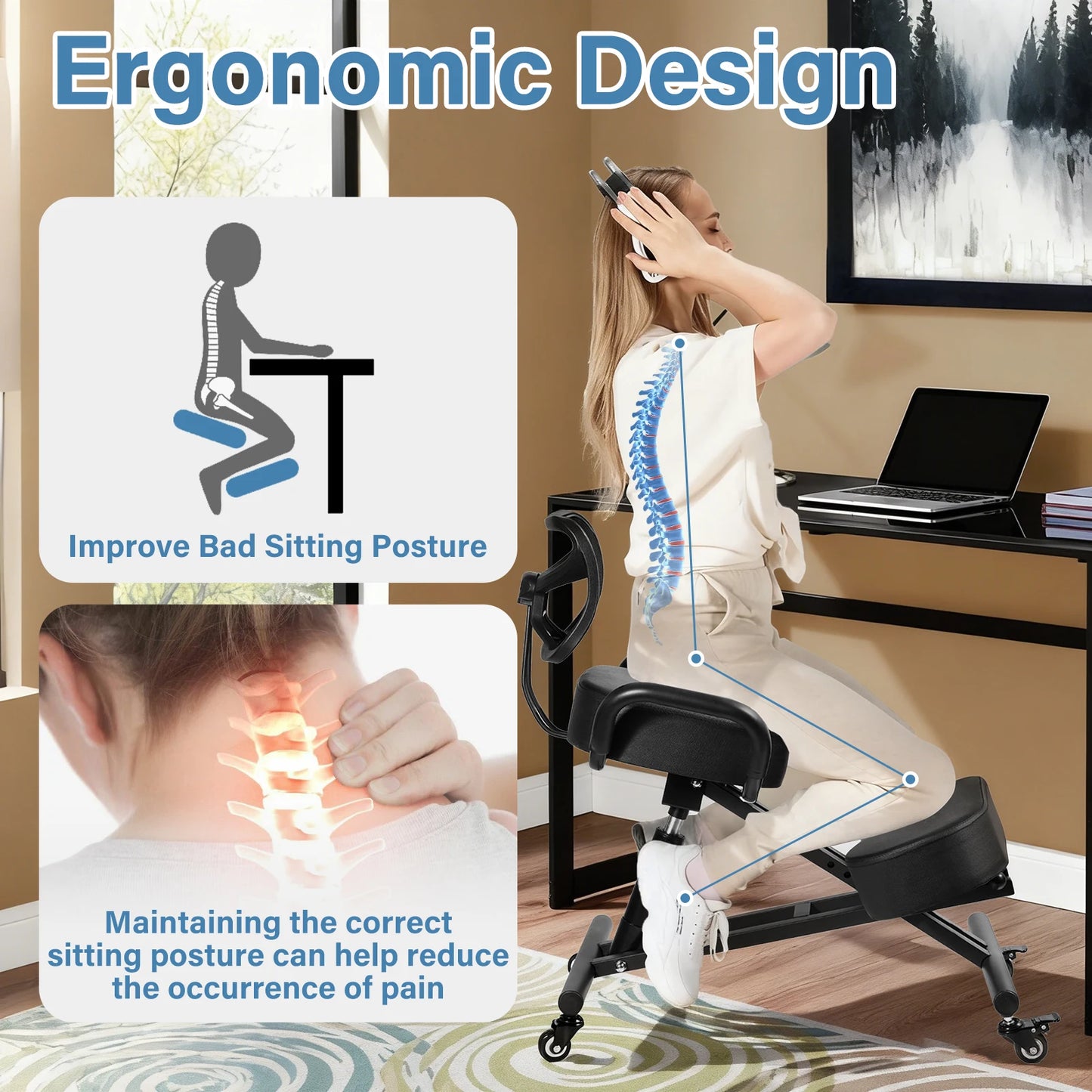 Ergonomic Kneeling Chair With Backrest And Wheels