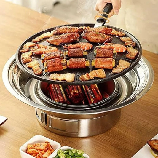 13.7 Inch Non-stick Stainless Steel Korean BBQ Grill Portable Charcoal Stove for Outdoor Camping Picnic Indoor Party Cooking