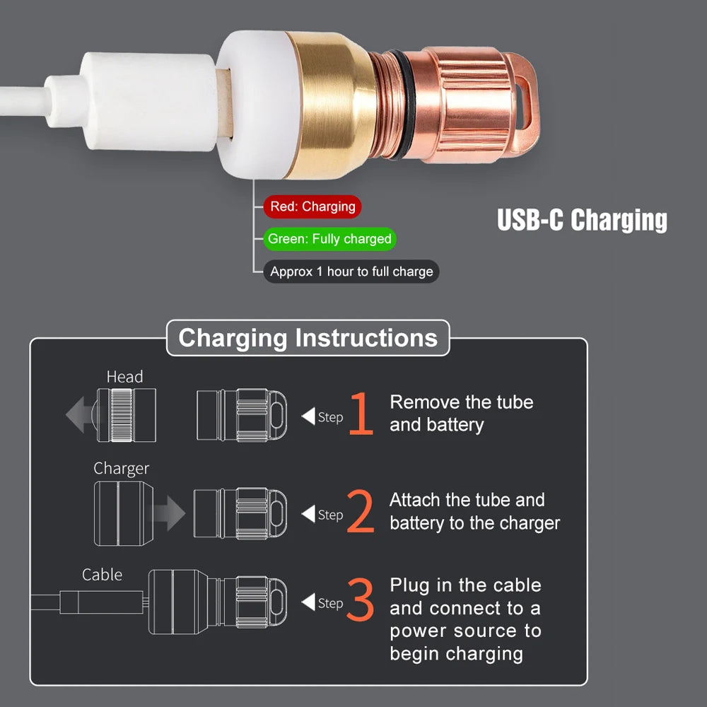 Copper Flashlight EDC LED Pocket Light Type USB C Rechargeable Lamp 10180 Li-ion Keychain Lantern Waterproof Mini Outdoor Torch