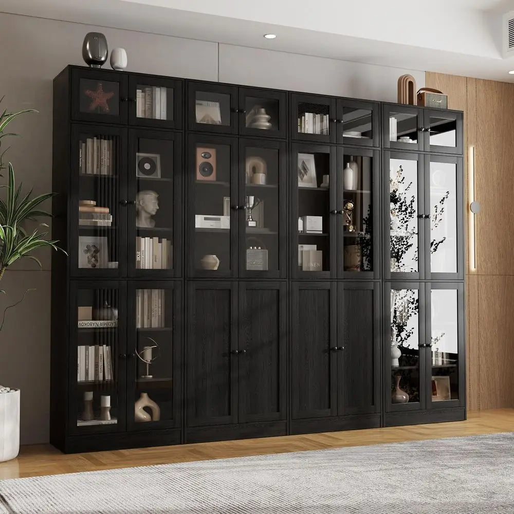 85.5 Tall Wooden Bookshelf, 7 Tier Book Shelf with Glass Doors and Shelves, DIY Large Bookcase, Curio Cabinets with Storage, Mo