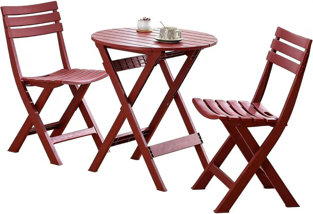 3-Piece Folding Bistro Set – Outdoor Patio Table and 2 Chairs, Wood Grain Finish, Red