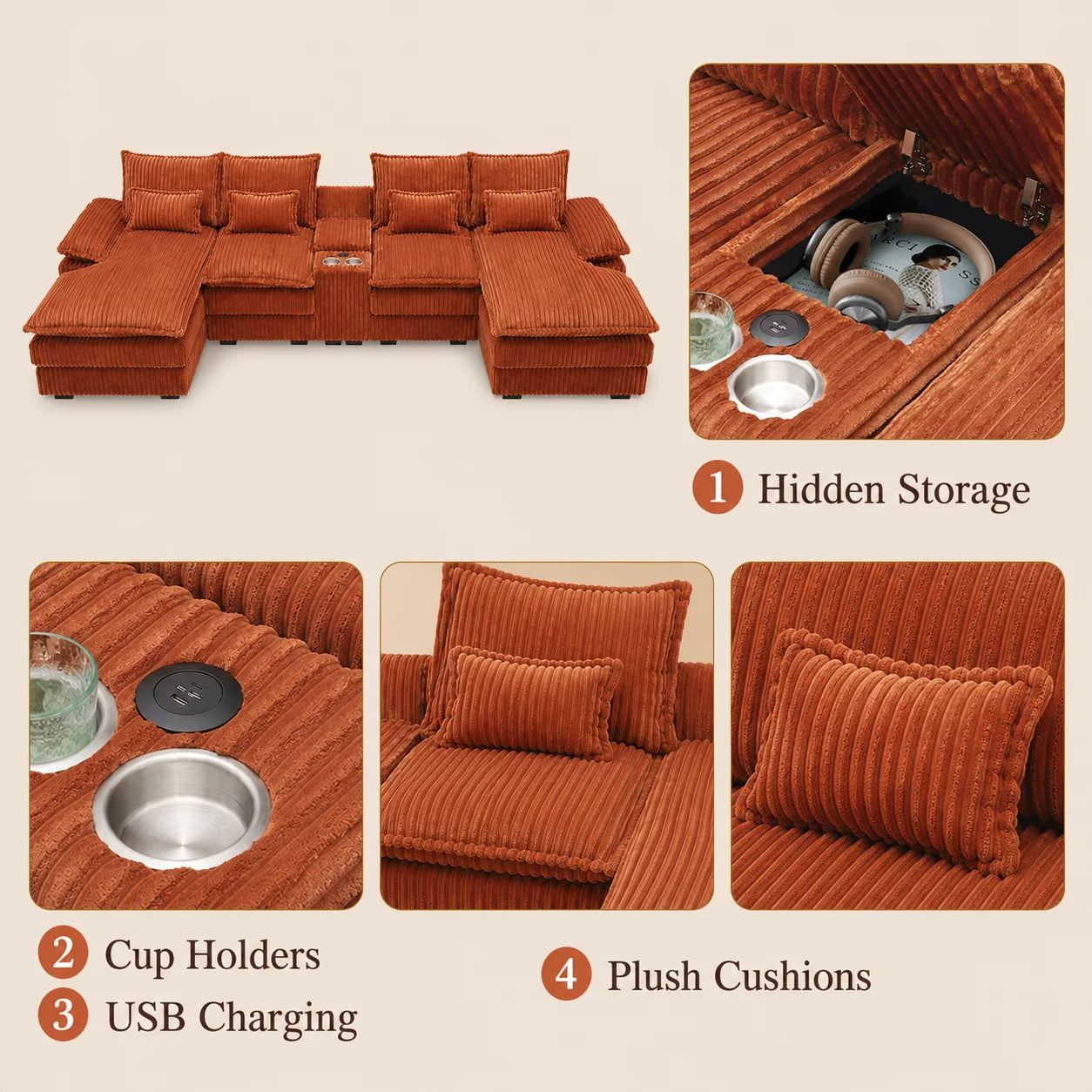 120" 5-Piece U-Shaped Sofa, Modular Sectional with Console & USB Ports, Cloud-Like Corduroy Couch for Living Room or Office