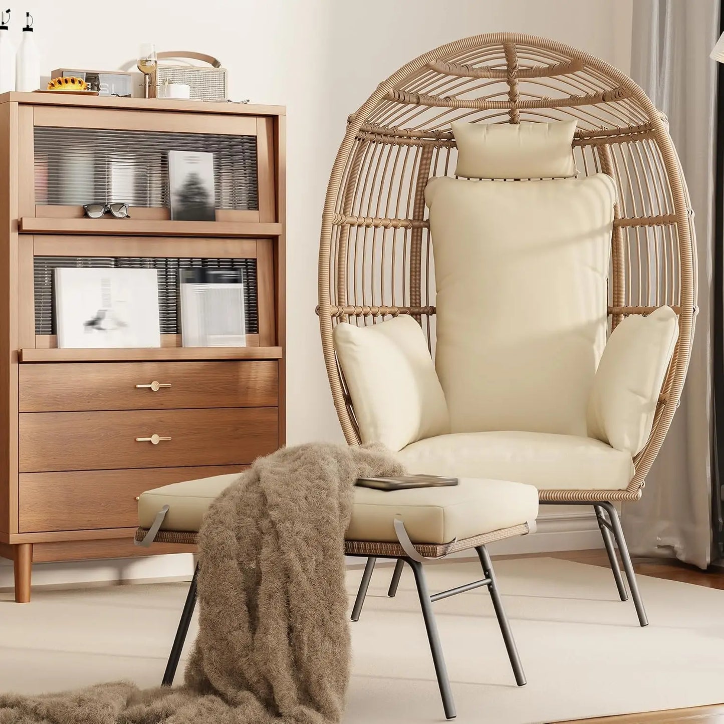 Wicker Egg Chair With Ottoman For Outdoor Patio Cushions