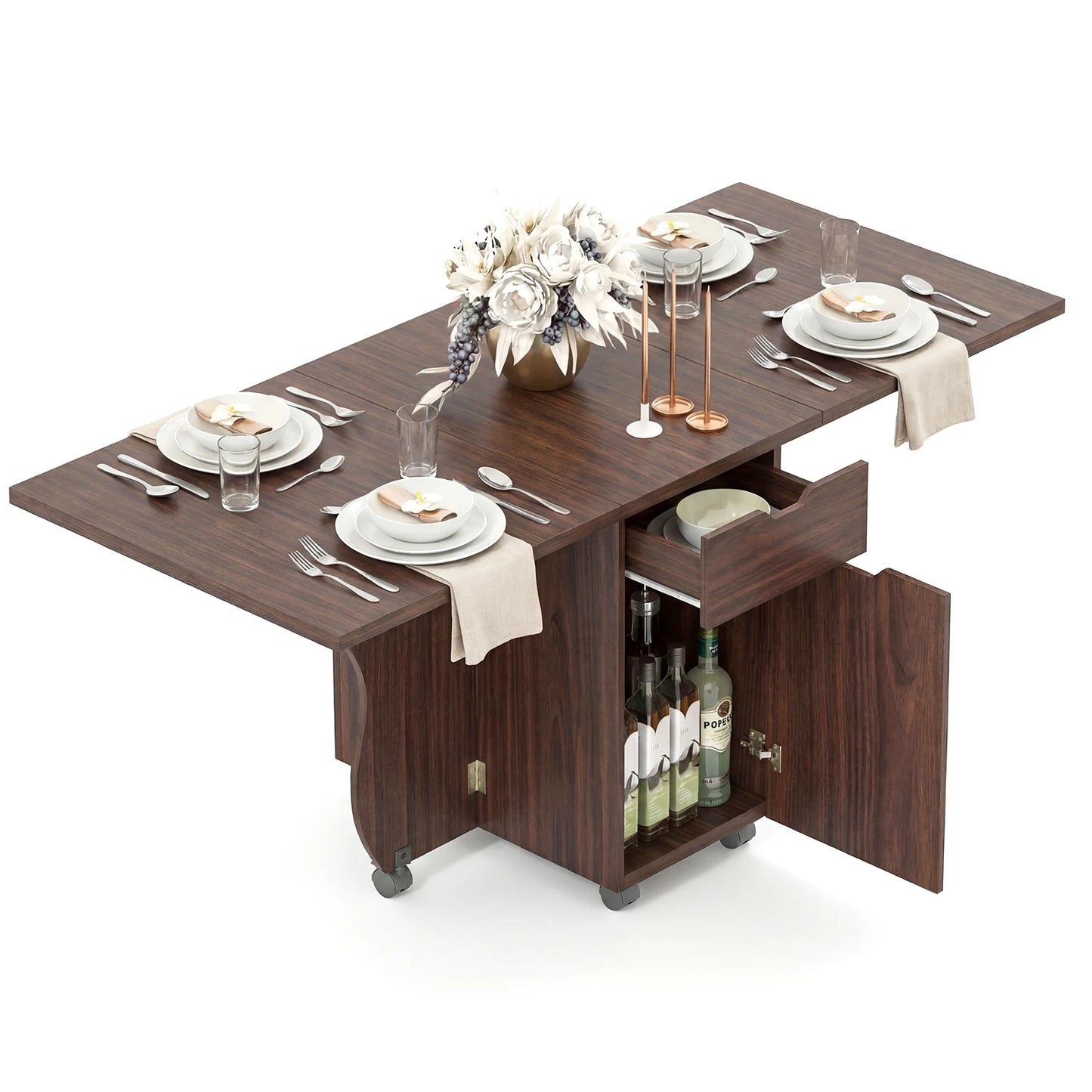 HOMASIS Folding Dining Table With Lockable Wheels And 2 Drawers