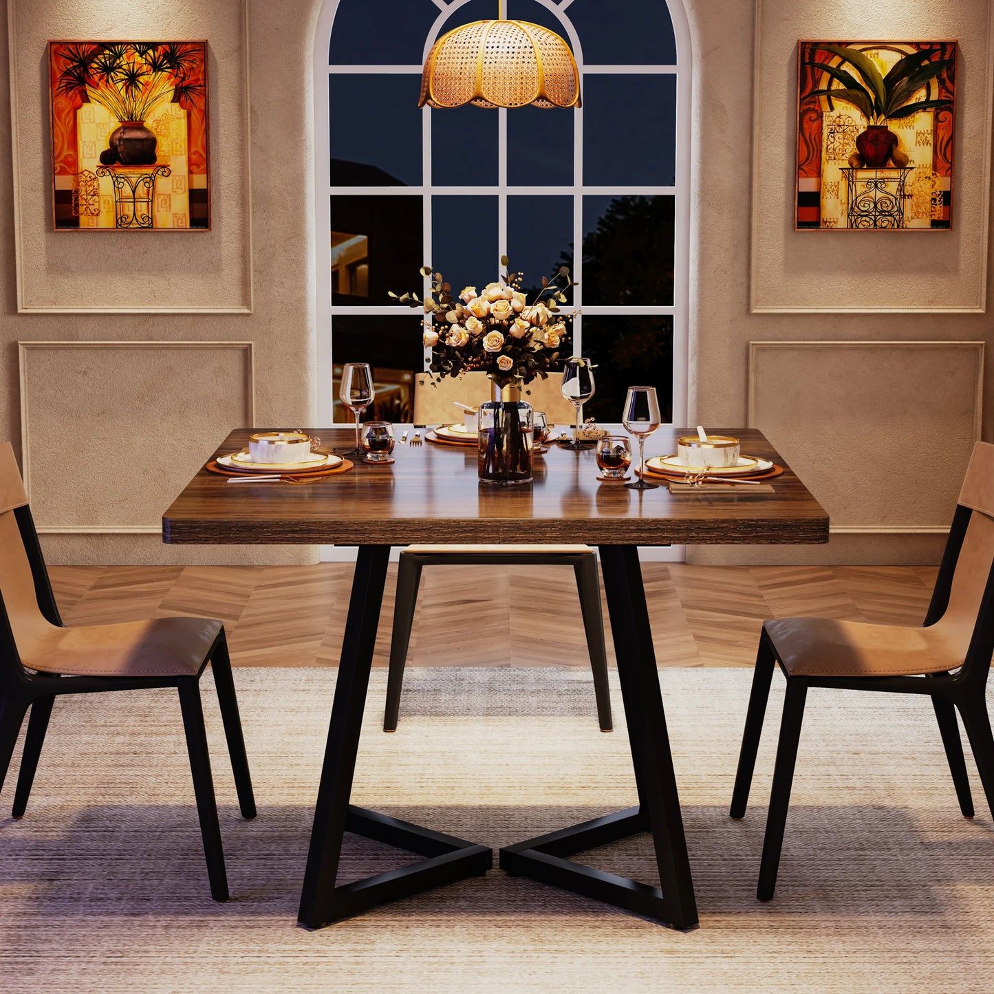 Tribesigns Industrial Square Dining Table With Metal Base Wooden Top
