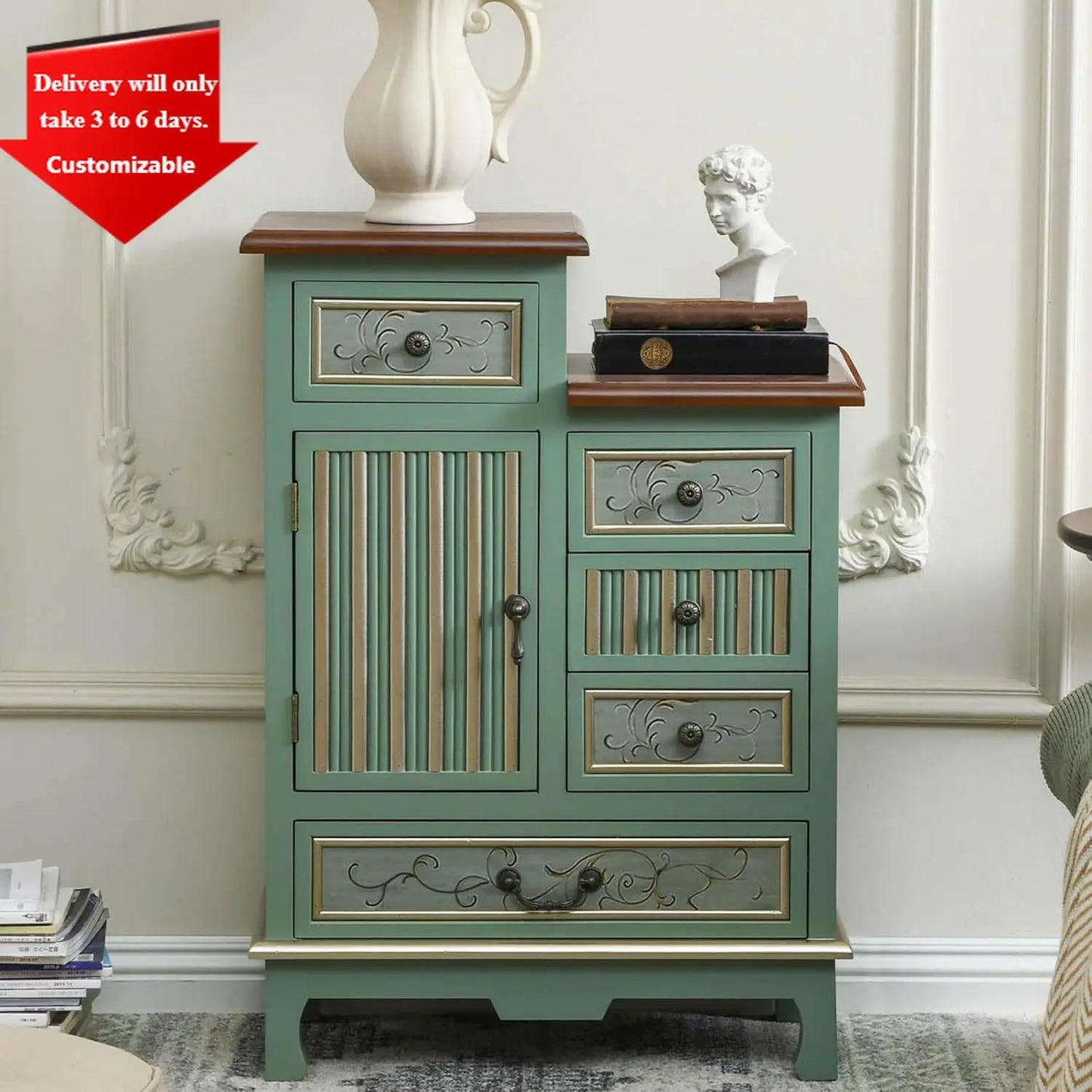 Vintage Accent Chest with 5-Drawers and Door Carved Wood Storage Cabinet for Living Room, Entryway, Hallway, Sage Green