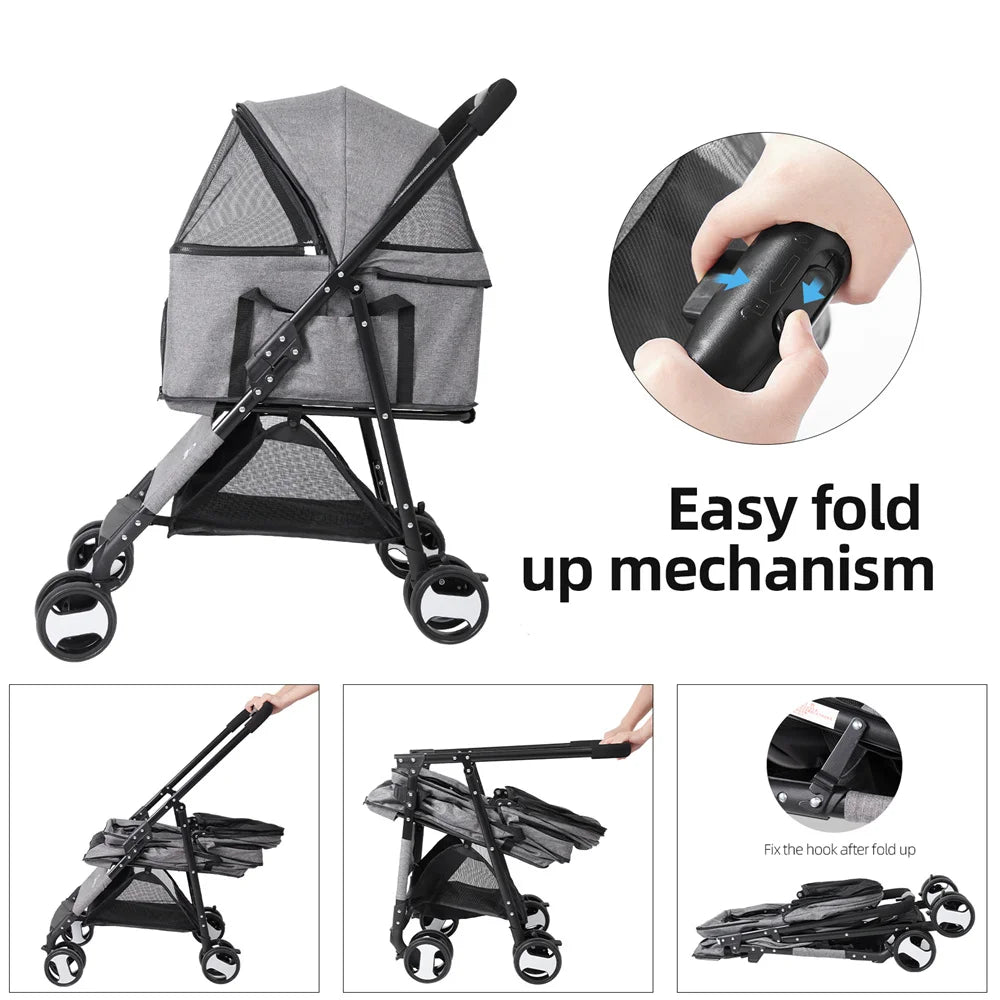 Foldable Pet Dog Stroller With Four Wheels And Rain Cover
