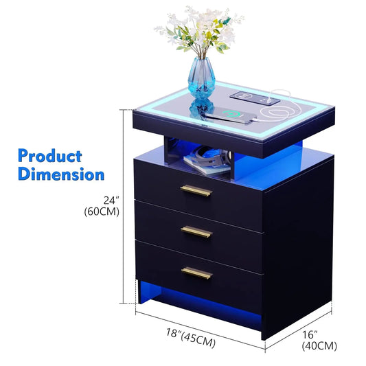 Nightstand With Wireless Charging And Auto Sensor LED End Table