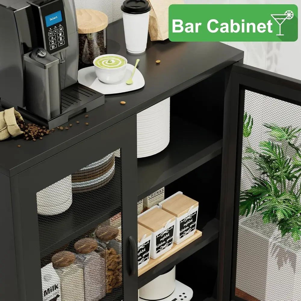 Black Metal Storage Cabinet With Mesh Door And Shelves