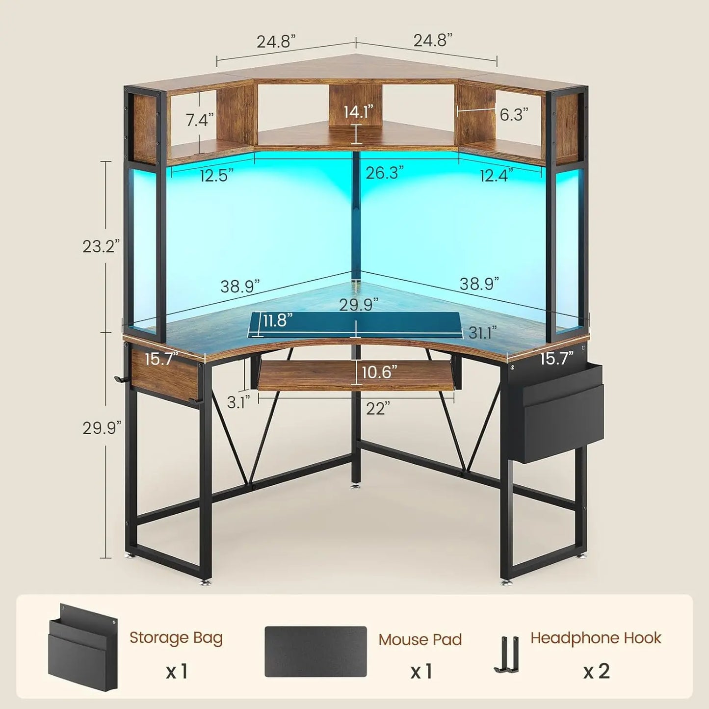 Corner Desk, 39" W x 62" H Small Office Desk with Hutch & LED Lights, Triangle Gaming Computer Desk with Keyboard Tray
