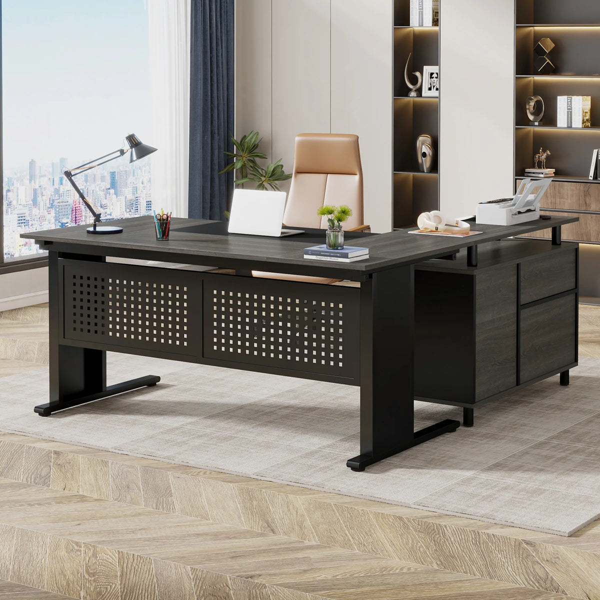 Tribesigns Executive Office Desk With File Cabinet And Storage Shelves