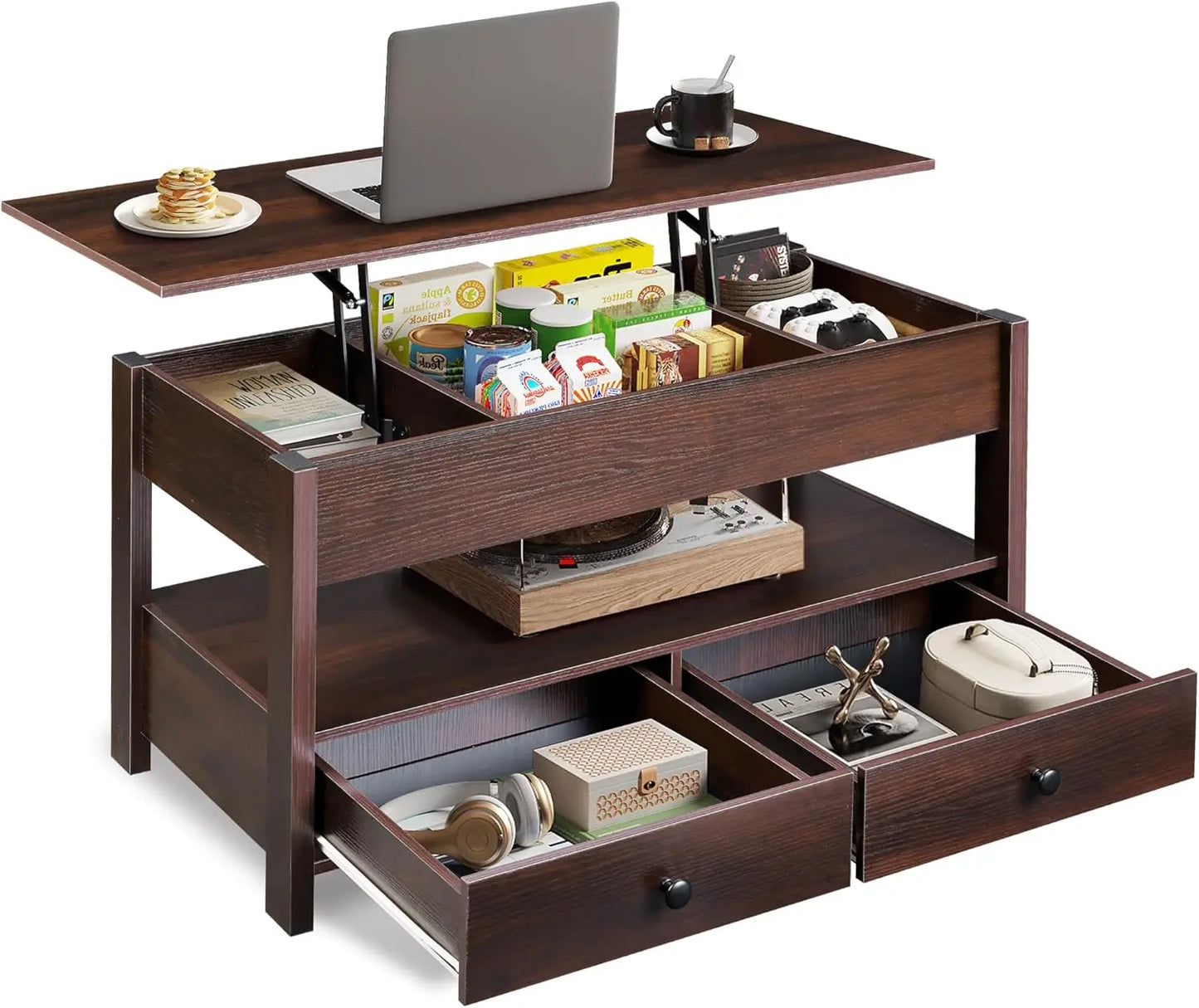 Lift Top Coffee Table With Drawers And LED Light Storage