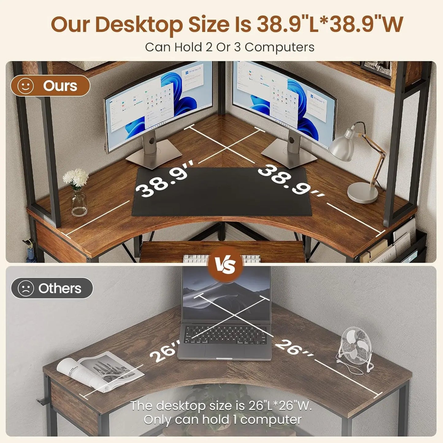 Corner Desk, 39" W x 62" H Small Office Desk with Hutch & LED Lights, Triangle Gaming Computer Desk with Keyboard Tray