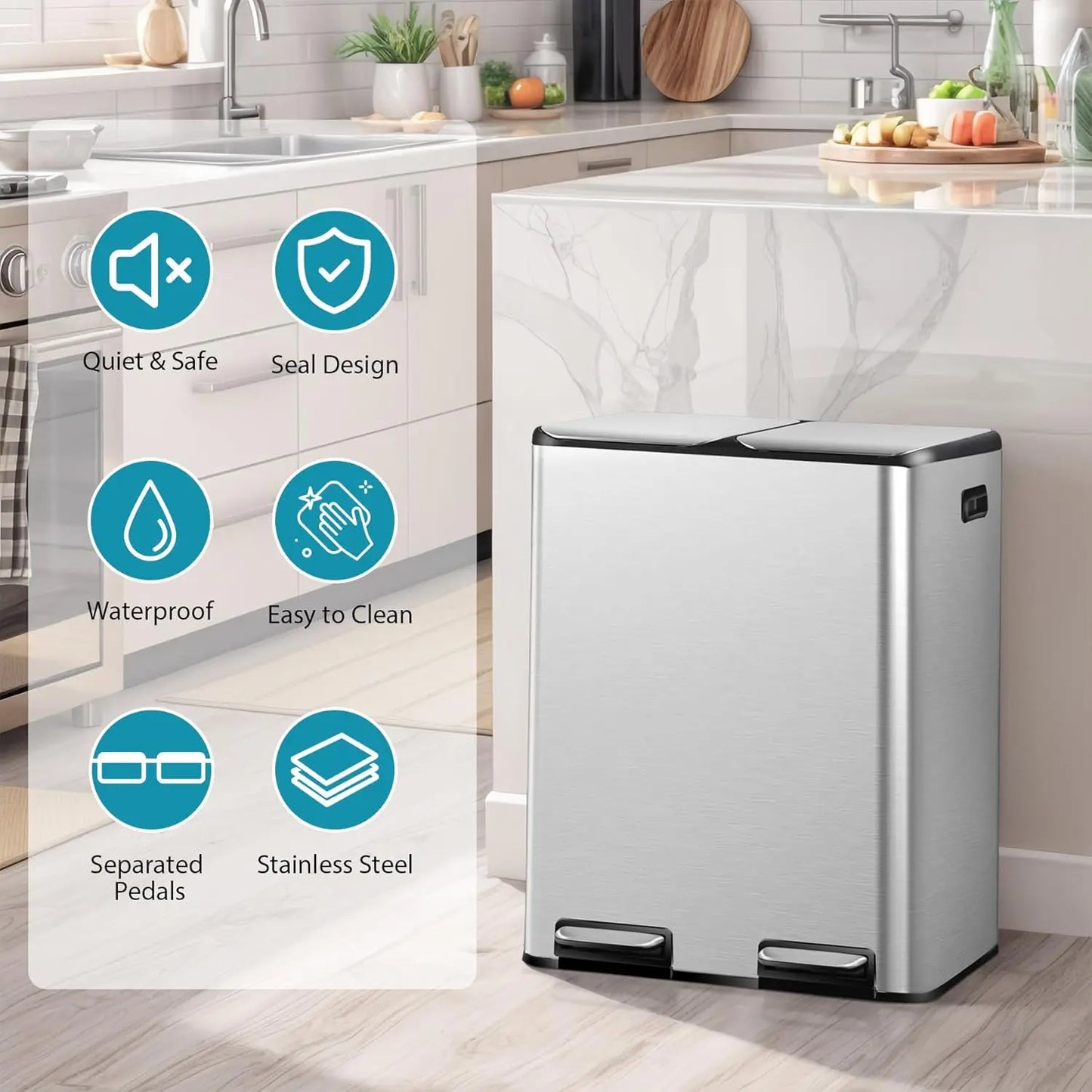 Durable Dual Stainless Steel Kitchen Trash Can With Pedal Recycling