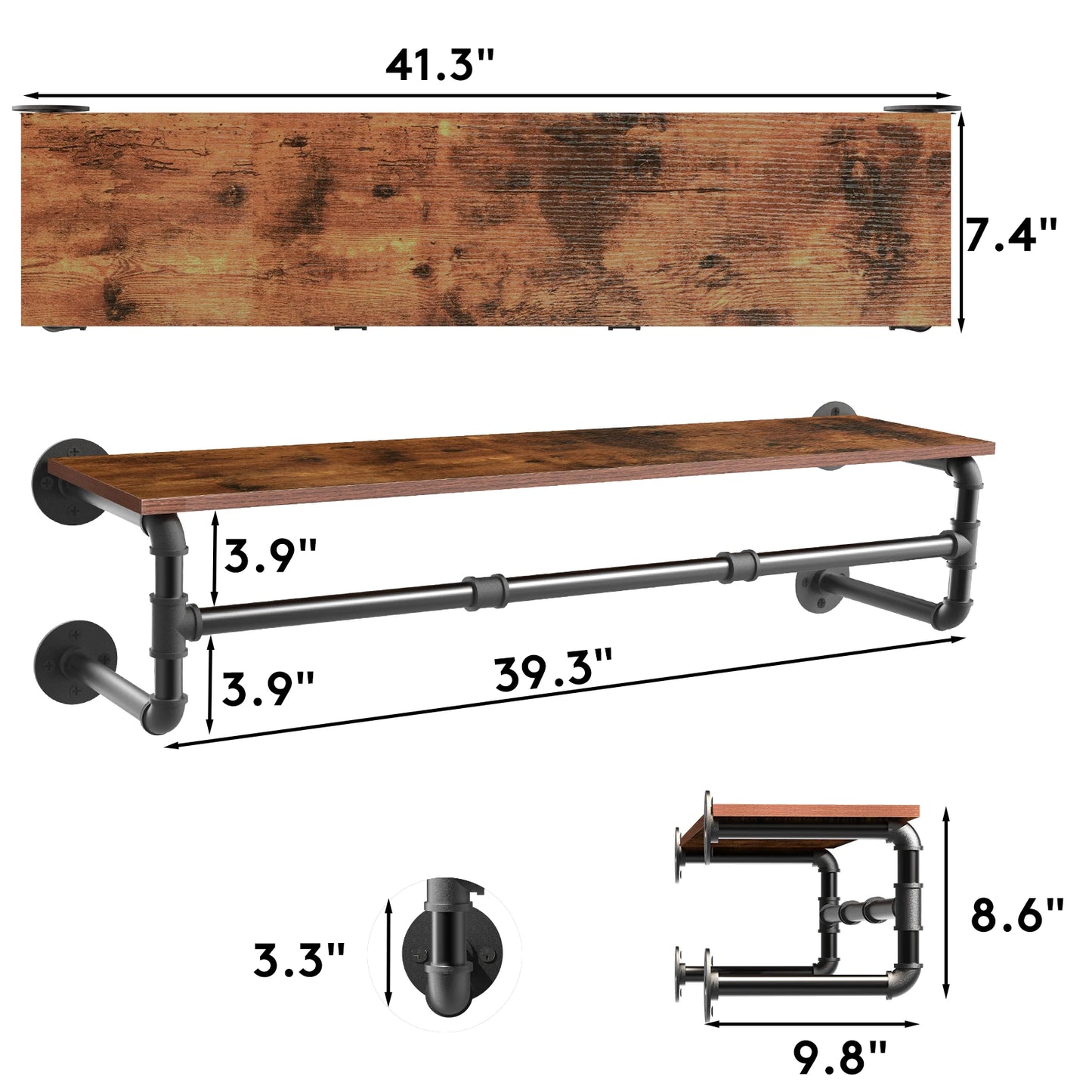 Wall Mounted Industrial Pipe Clothes Rack With Wood Shelf Storage