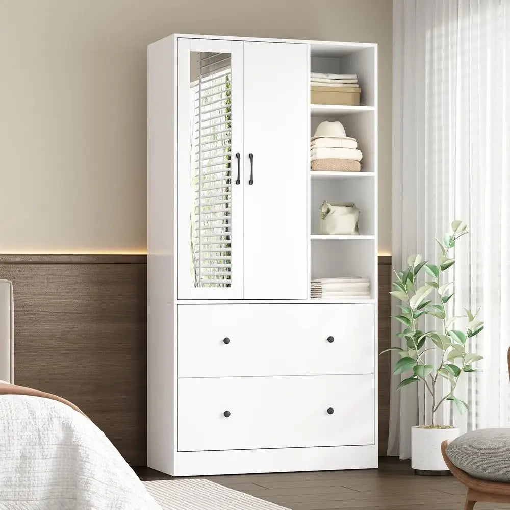 Wardrobe Armoire Wooden Closet with Mirror, 2 Doors, 2 Drawers, 4 Open Storage Cubes and Hanging Rod for Bedroom, White