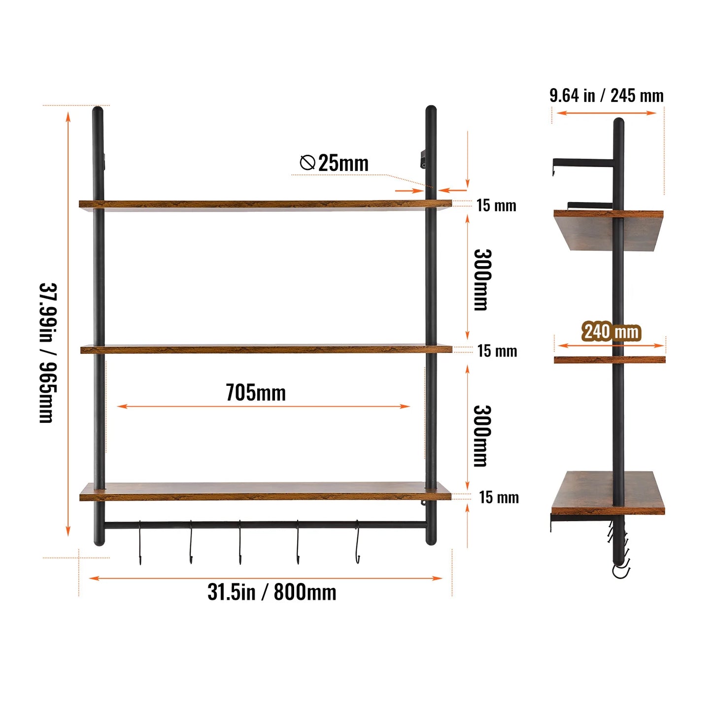 Industrial Pipe Shelf Wall Mount Rustic Wood Shelves Bracket Rack