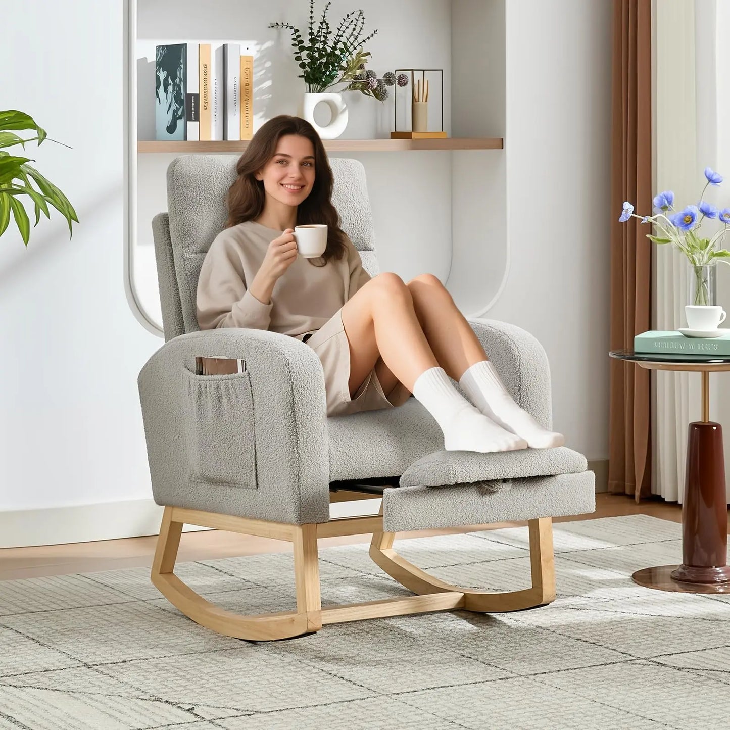 Teddy Upholstered Rocking Chair With Footrest For Living Room