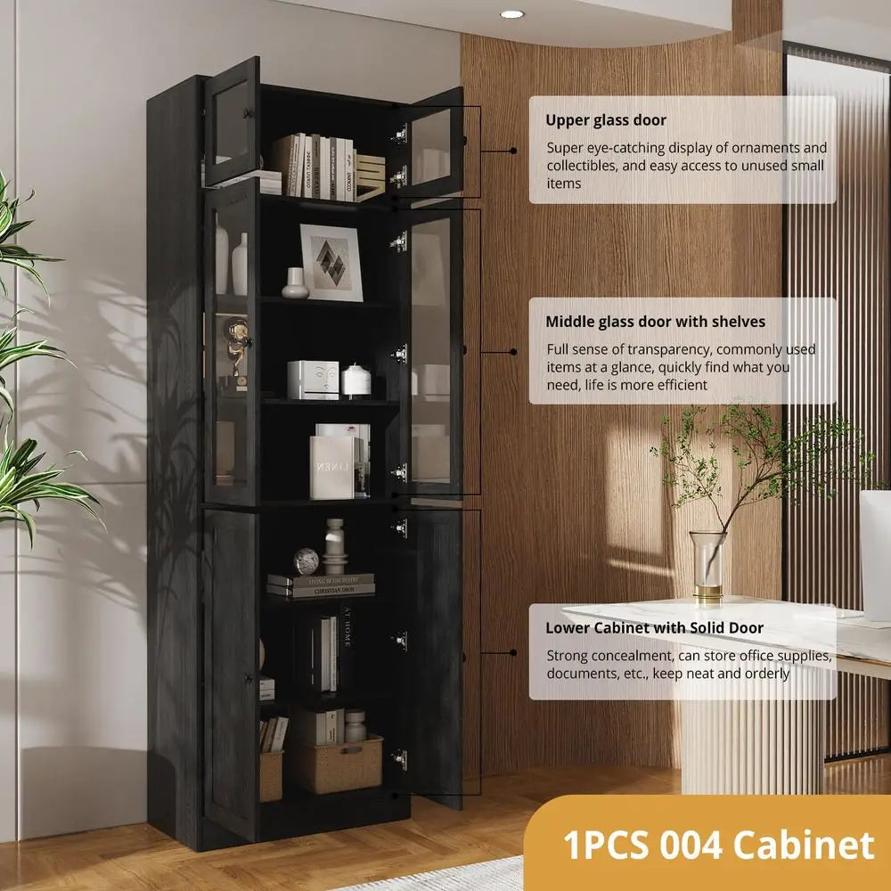 85.5 Tall Wooden Bookshelf, 7 Tier Book Shelf with Glass Doors and Shelves, DIY Large Bookcase, Curio Cabinets with Storage, Mo