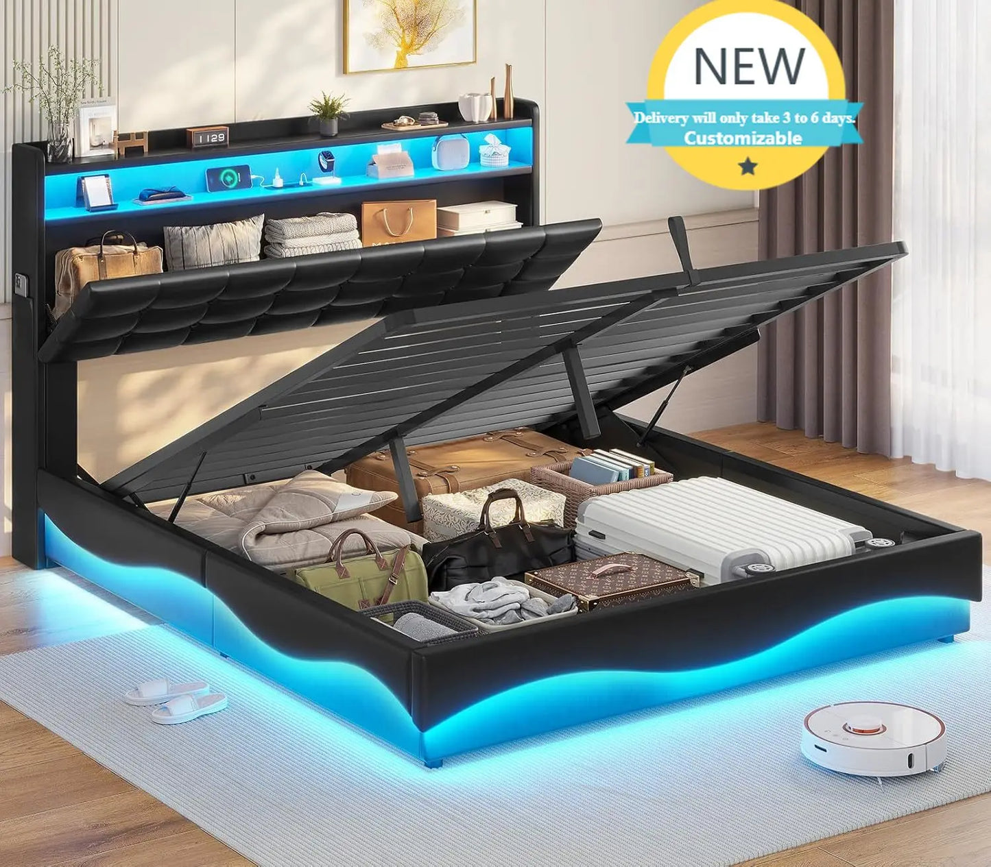 Lift Up Storage Queen Bed Frame with Type-C Charging Station& Hidden Storage Headboard,