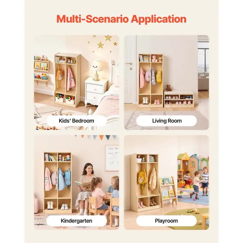 2-Section Kids Coat Locker, Wooden Toddler Cubby Storage Organizer with 4 Hooks & Anti-Tip Kit, Modern Kid Coat Cubbies with 4 Small Open Storage Boxes for Home, Kindergarten, Daycare, Natural