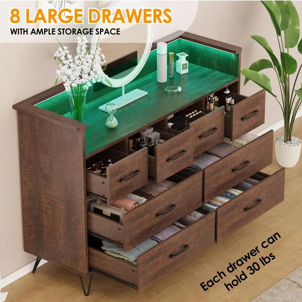 Dresser with Power Outlet and LED Lights, 8 Drawer Dresser for Bedroom, Modern Chest of Drawers with Gold Handles and Open Stor