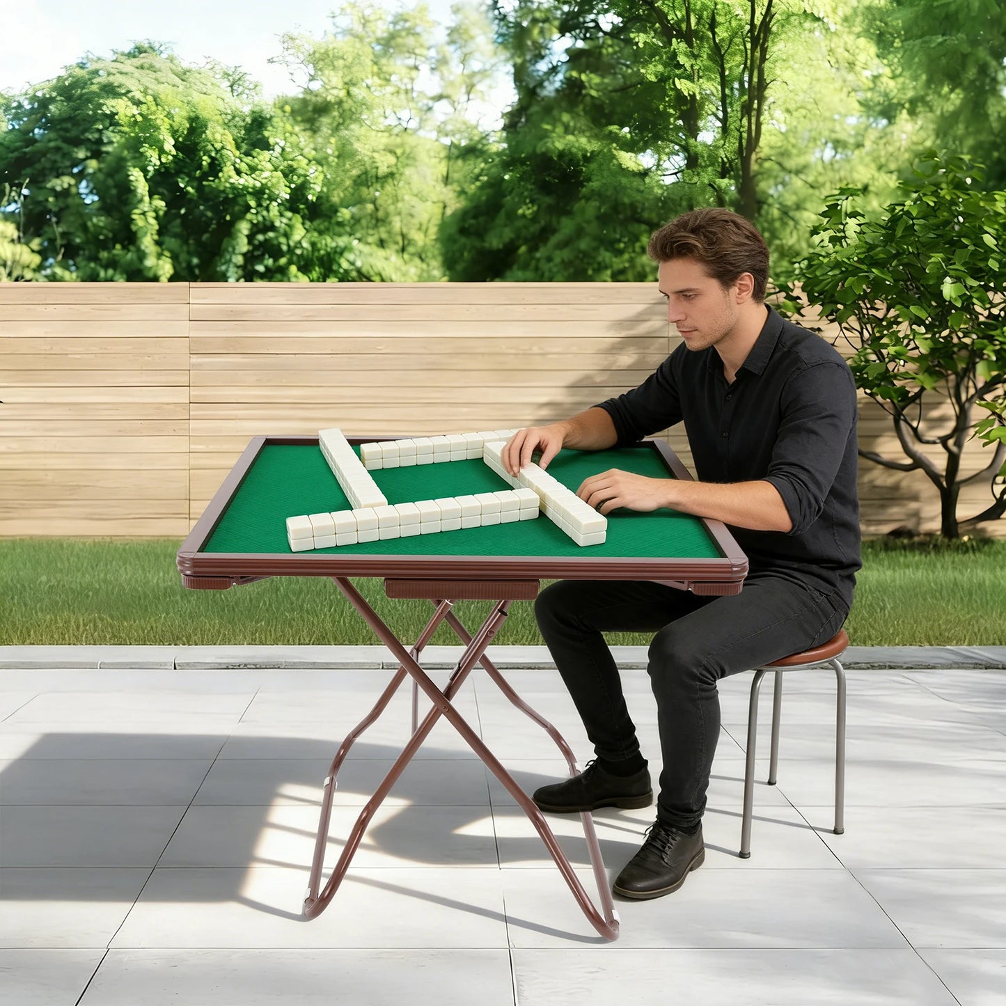 Bymaocar Foldable Mahjong Table With Velvet Surface 4 Cup Holders