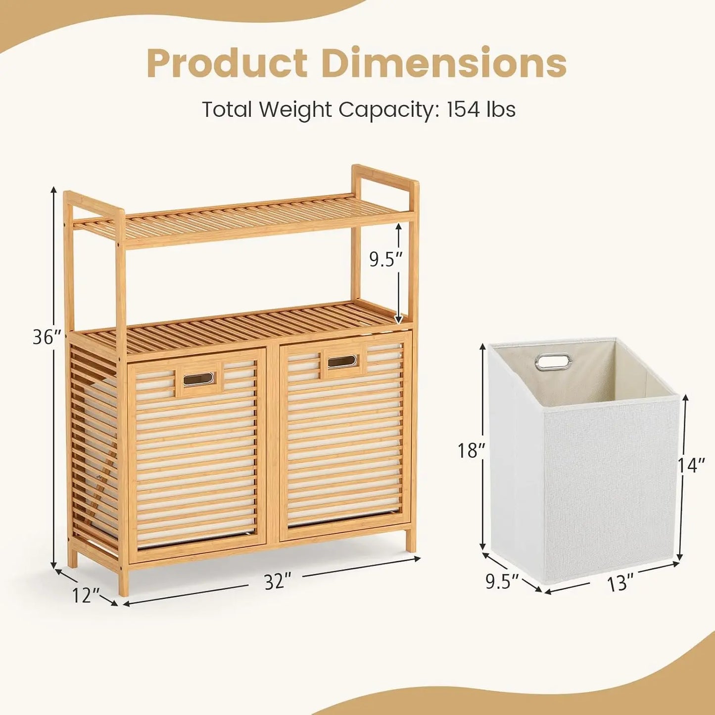 Double Tilt Out Laundry Hamper w/2-Tier Storage Shelf | 14 Gal Bamboo Laundry Storage Cabinet w/Removable Laundry Baskets, Laundry Sorter Organizer for Bathroom Living Room Bedroom
