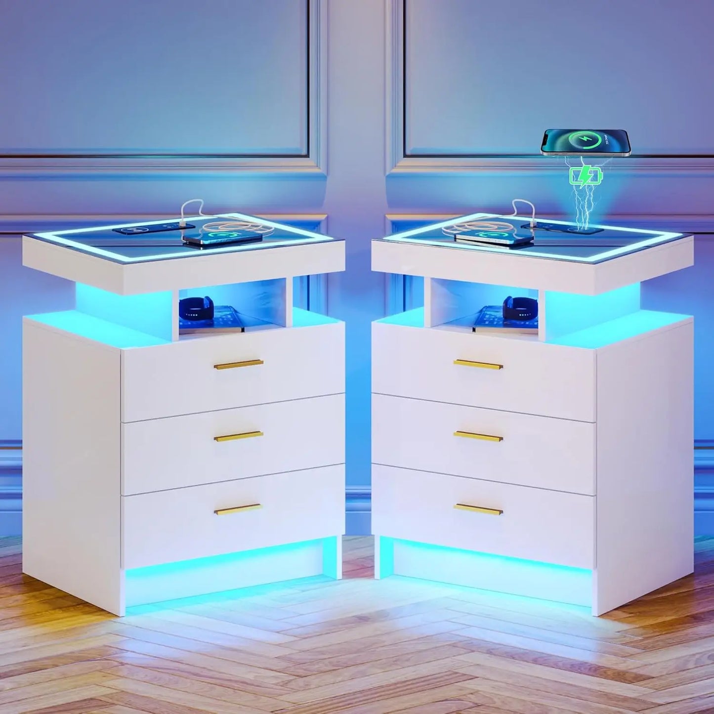 Nightstand With Wireless Charging And Auto Sensor LED End Table