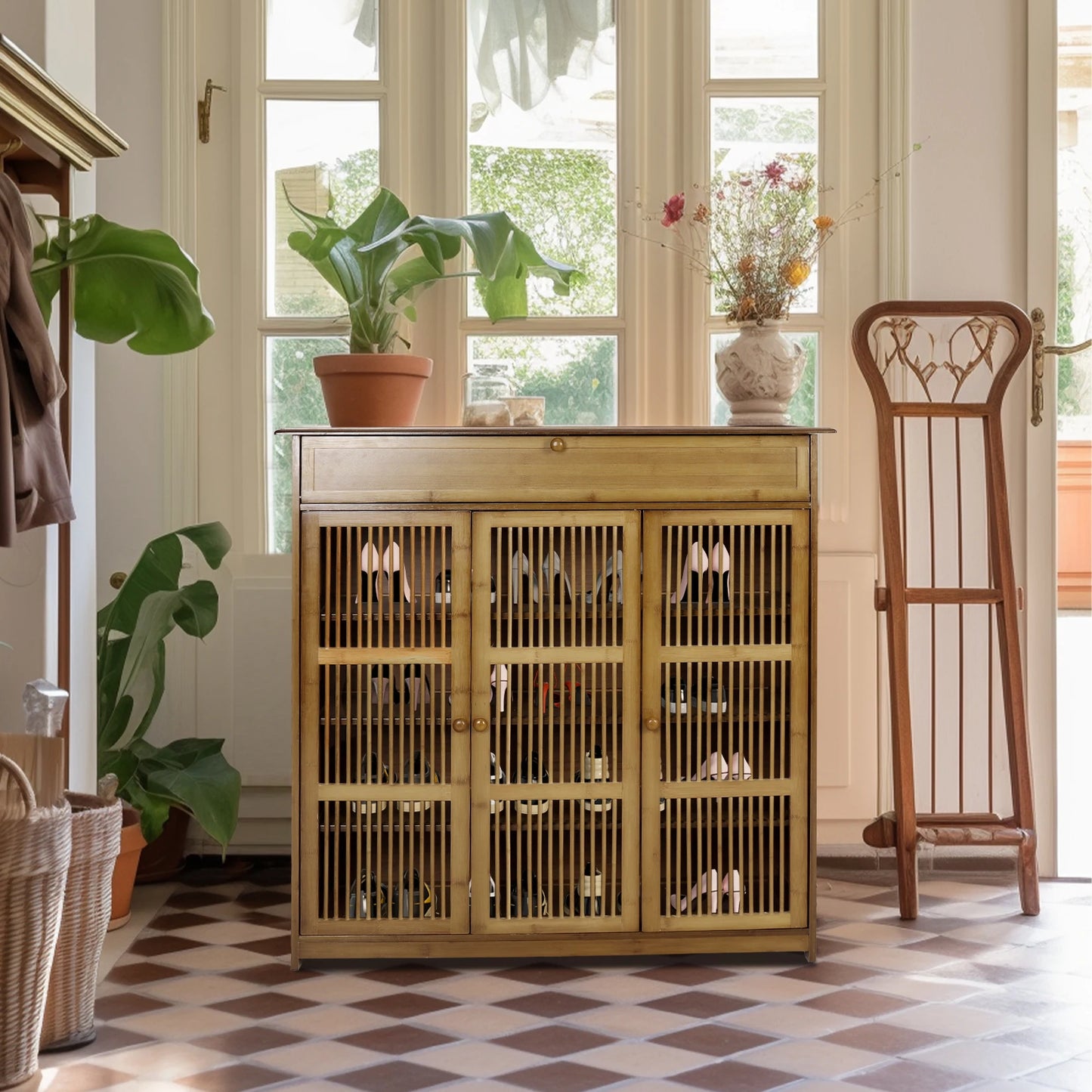 Vintage Bamboo Shoe Rack 4 Tier Cabinet Entryway Organizer