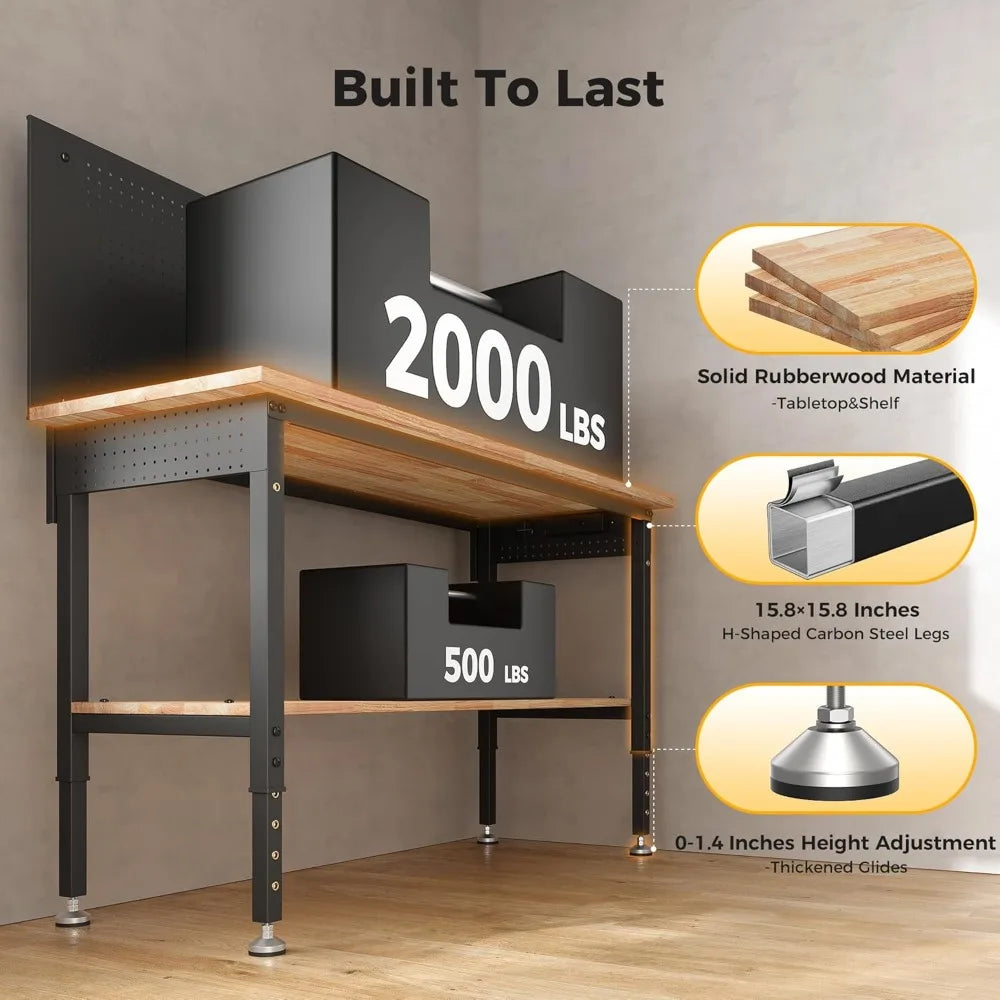 60" Adjustable Workbench with Storage Shelf, LED Light & Power Strip - 2000LBS Capacity
