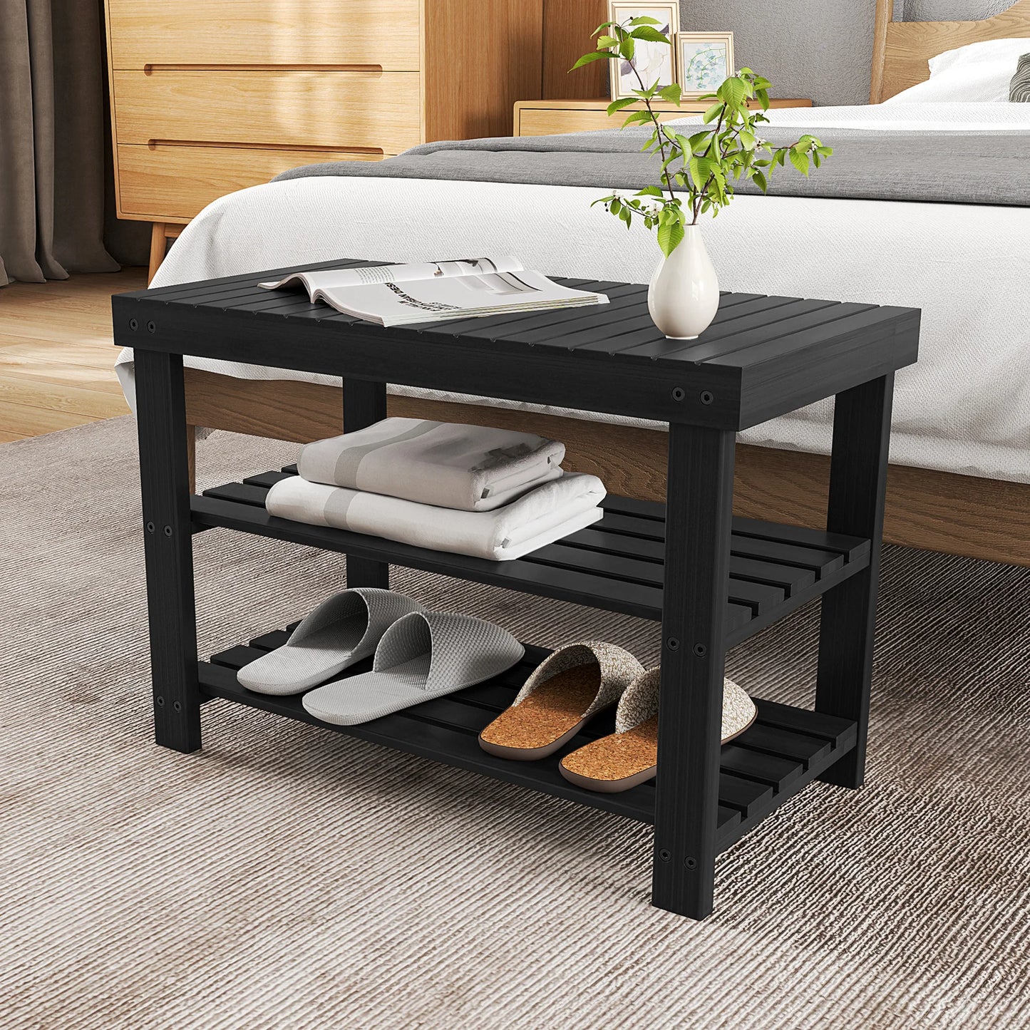 JHK 3-Tier Bamboo Entryway Benches Living Room Shoe Rack Bench Holds Up to 286 lb Storage Organizer for Bedroom Balcony