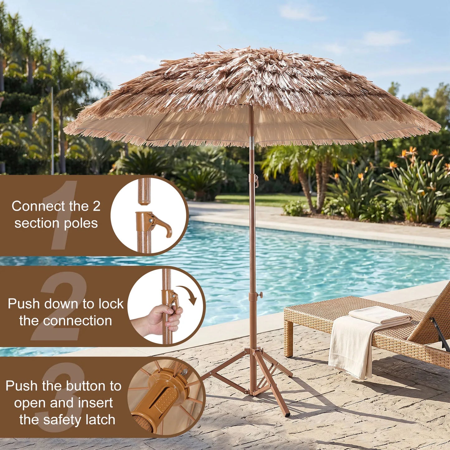 6.56FT Thatched Patio Umbrella with Tilt Adjustment & 8 Ribs Hawaii Straw Umbrella UPF 50+ UV Protection for Sand Garden Lawn