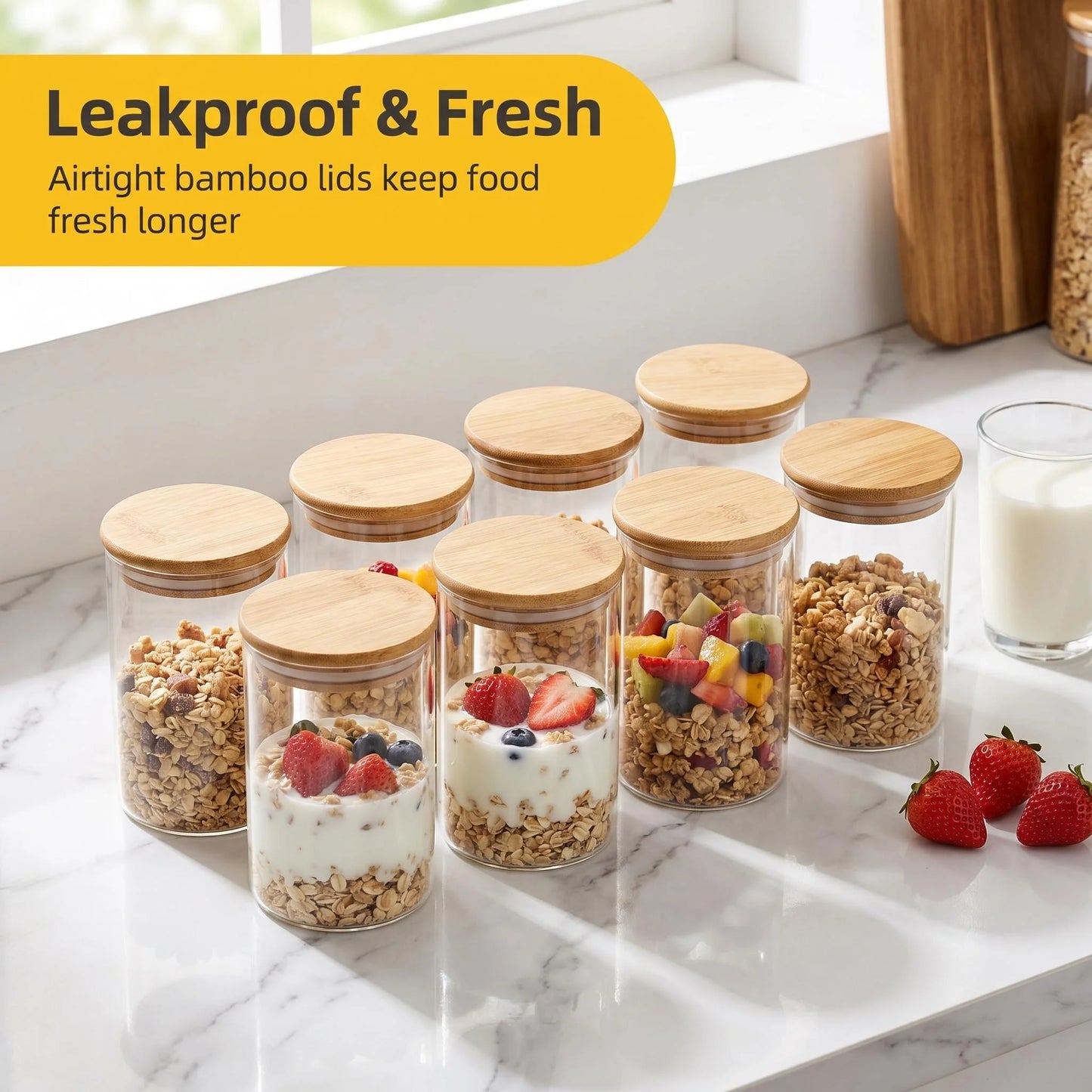 8 Pack Overnight Oats Glass Jars with Wooden Spoon, Airtight Glass Food Storage Containers, Reusable Yogurt Parfait Cups for Meal Prep, Cereal, Chia Pudding, Snack & Kitchen Pantry