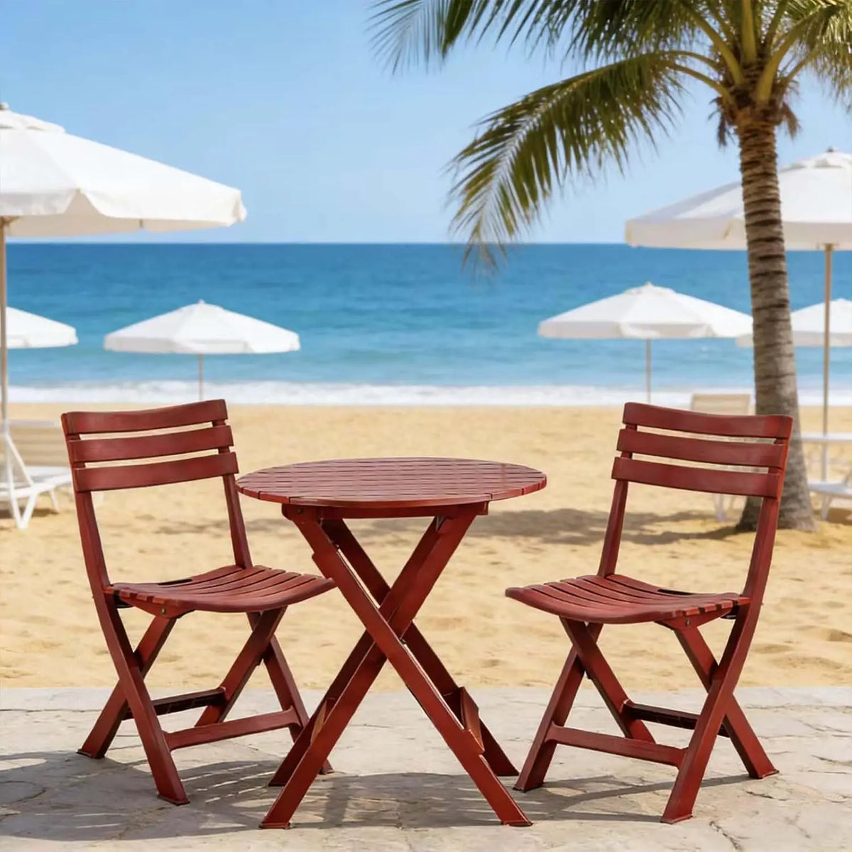 3-Piece Folding Bistro Set – Outdoor Patio Table and 2 Chairs, Wood Grain Finish, Red