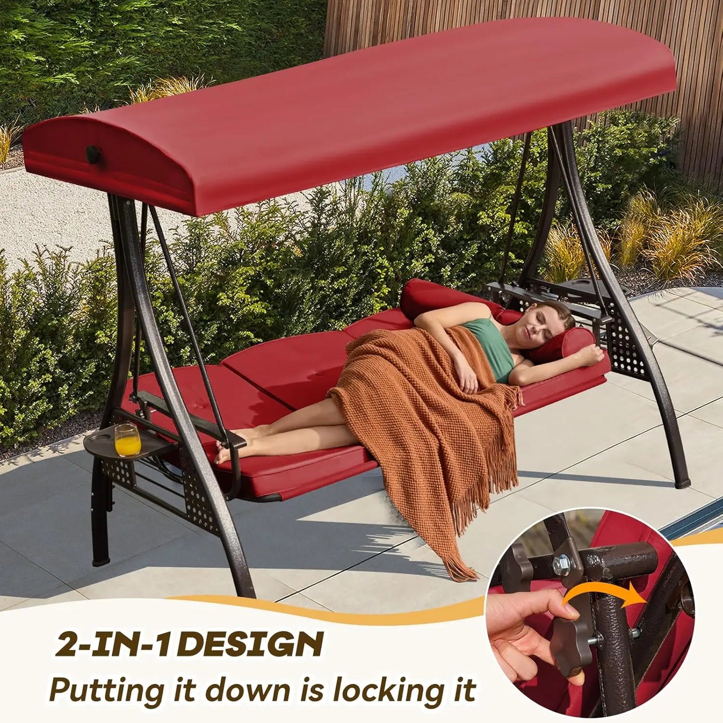 Three In One Outdoor Porch Swing With Adjustable Canopy