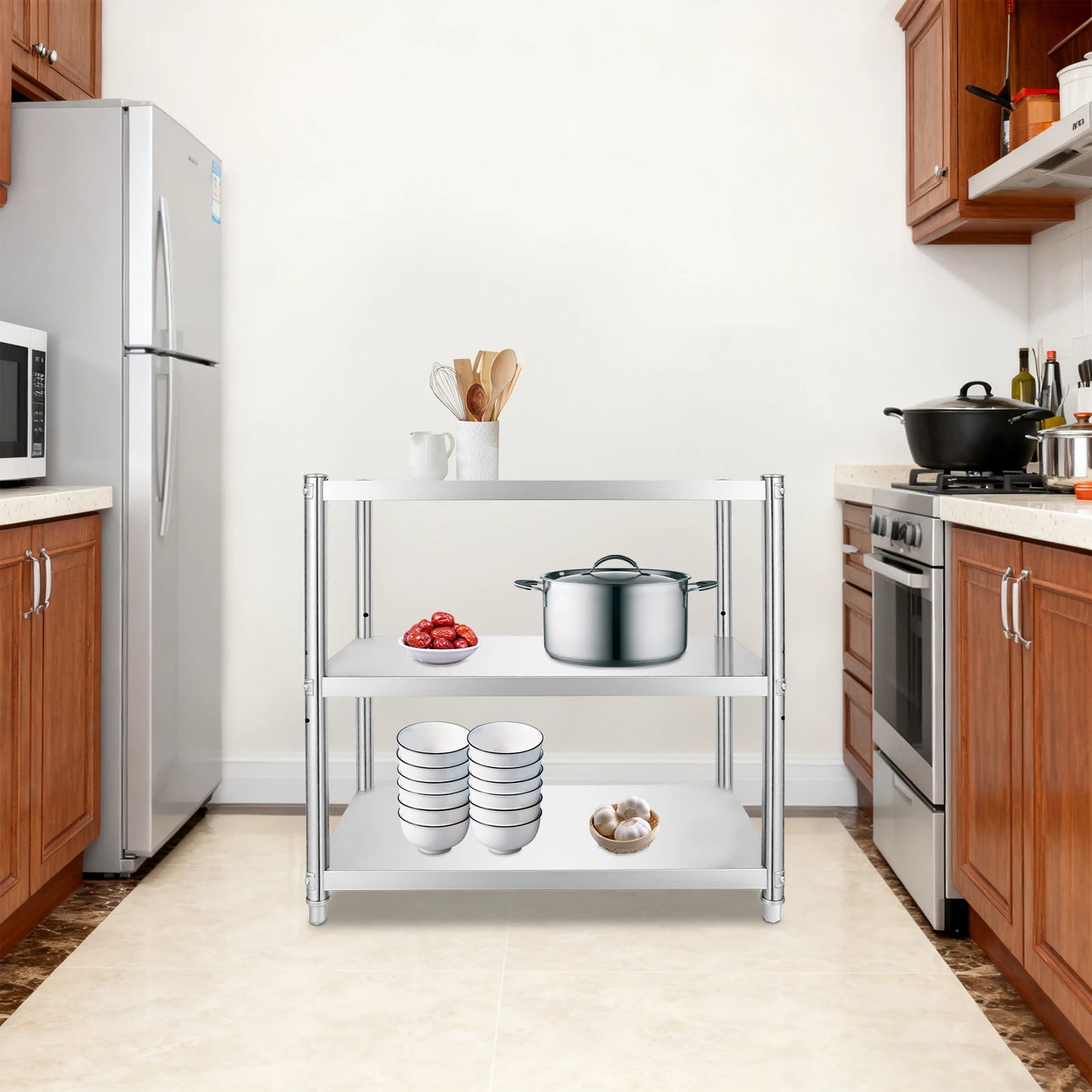 3-Tier Stainless Steel Work Table 80*40*80cm Large-Capacity Kitchen Storage Rack for Kitchen Garage school, Height Adjustable