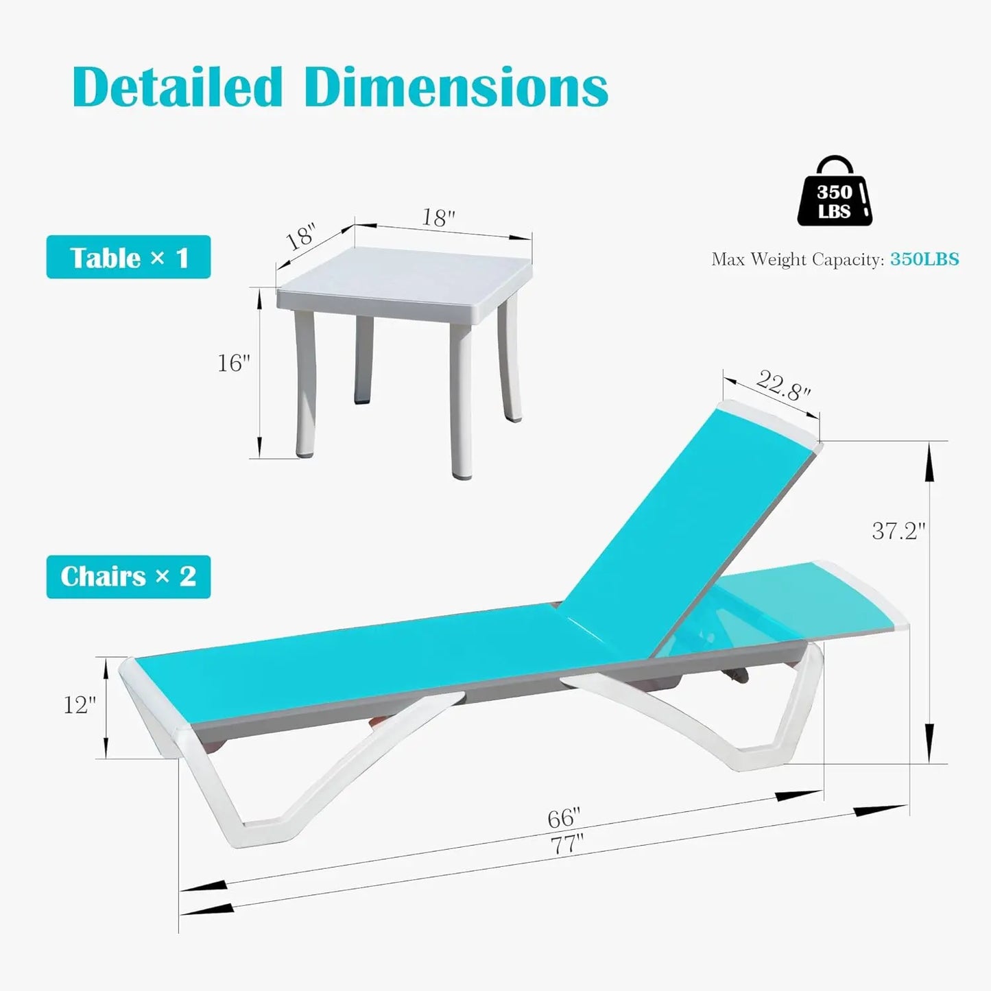 Aluminum Outdoor Lounge Chair Set of 3 With Wheels