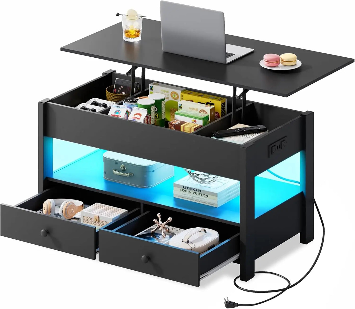 Lift Top Coffee Table With Drawers And LED Light Storage