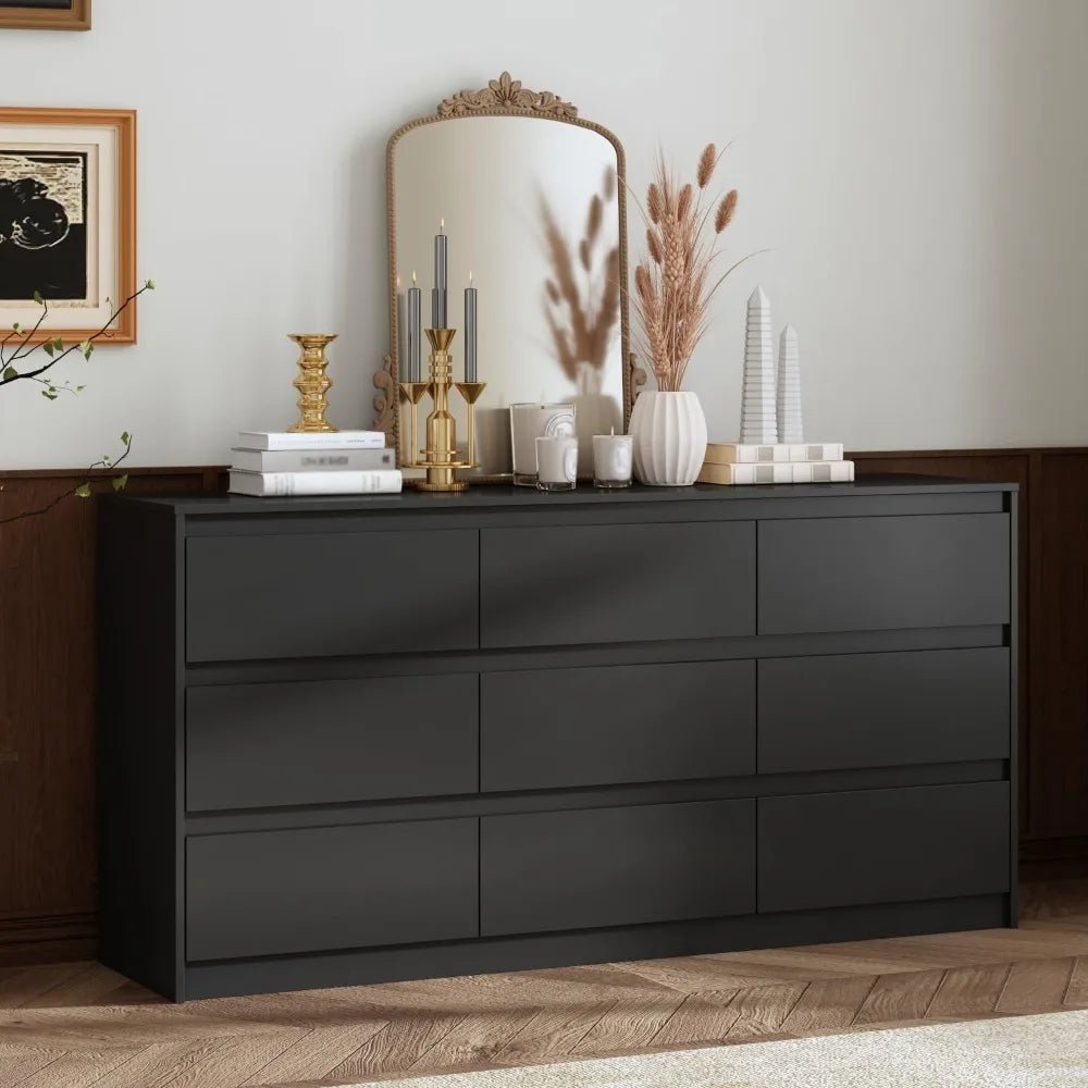 Dresser for Bedroom with 9 Deep Drawers, Large Modern Chest of Drawers Handle Free, Freestanding Black Long Dressers