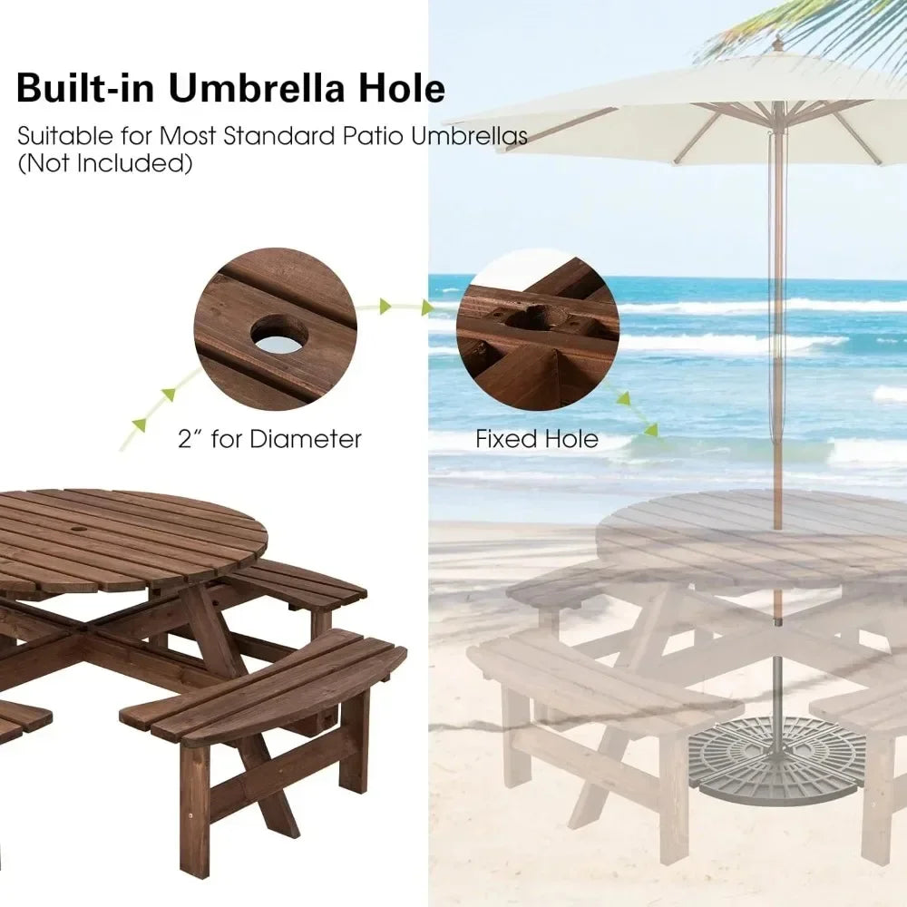 Outdoor Fir Wood Picnic Table Set With Benches And Umbrella Hole