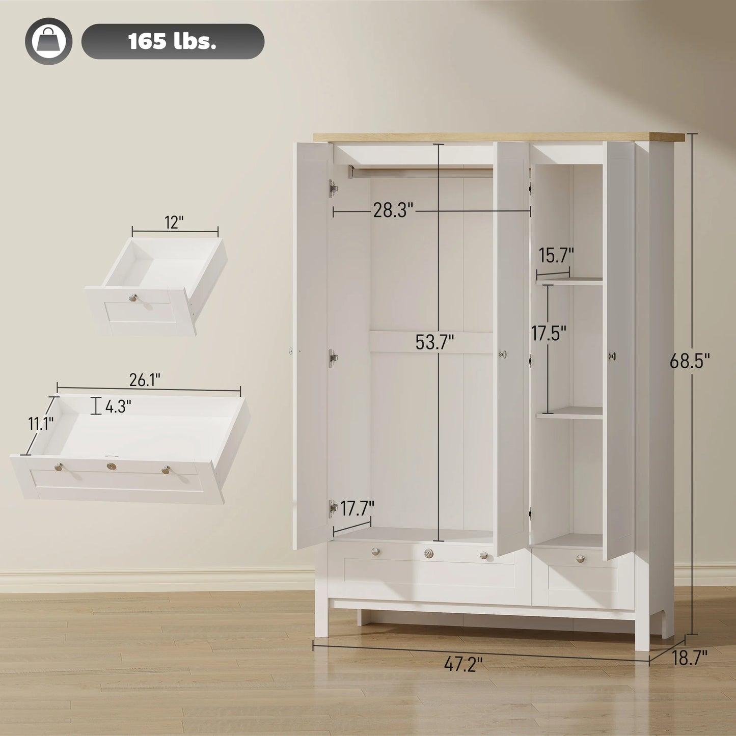 Homcom 3-Door Wardrobe Closet with 2 Drawers, 69" Clothing Storage Cabinet with Lockable Large Drawer, Hanging Rod and Storage Shelves for Bedroom, Wardrobe Cabinet, White