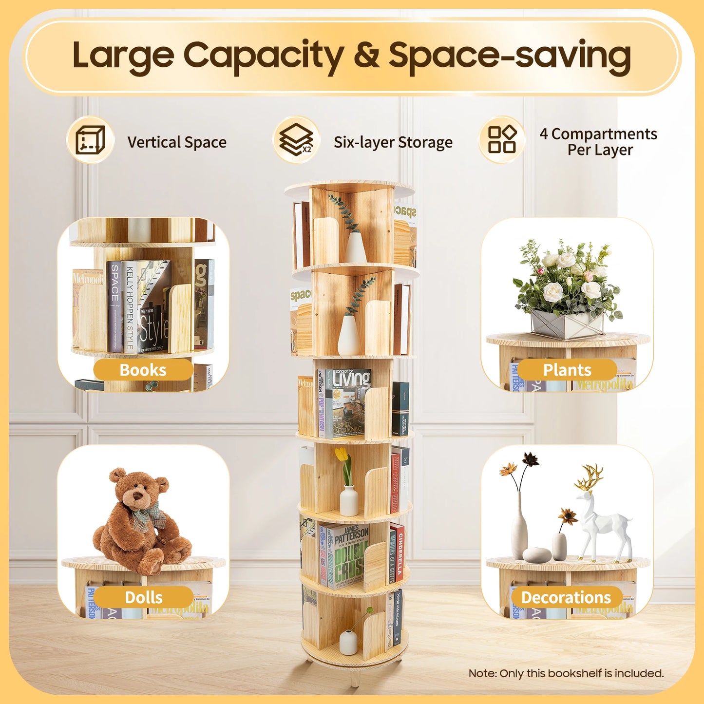 Rotating Cylindrical Bookshelf Freestanding Storage Rack For Kids Home Use