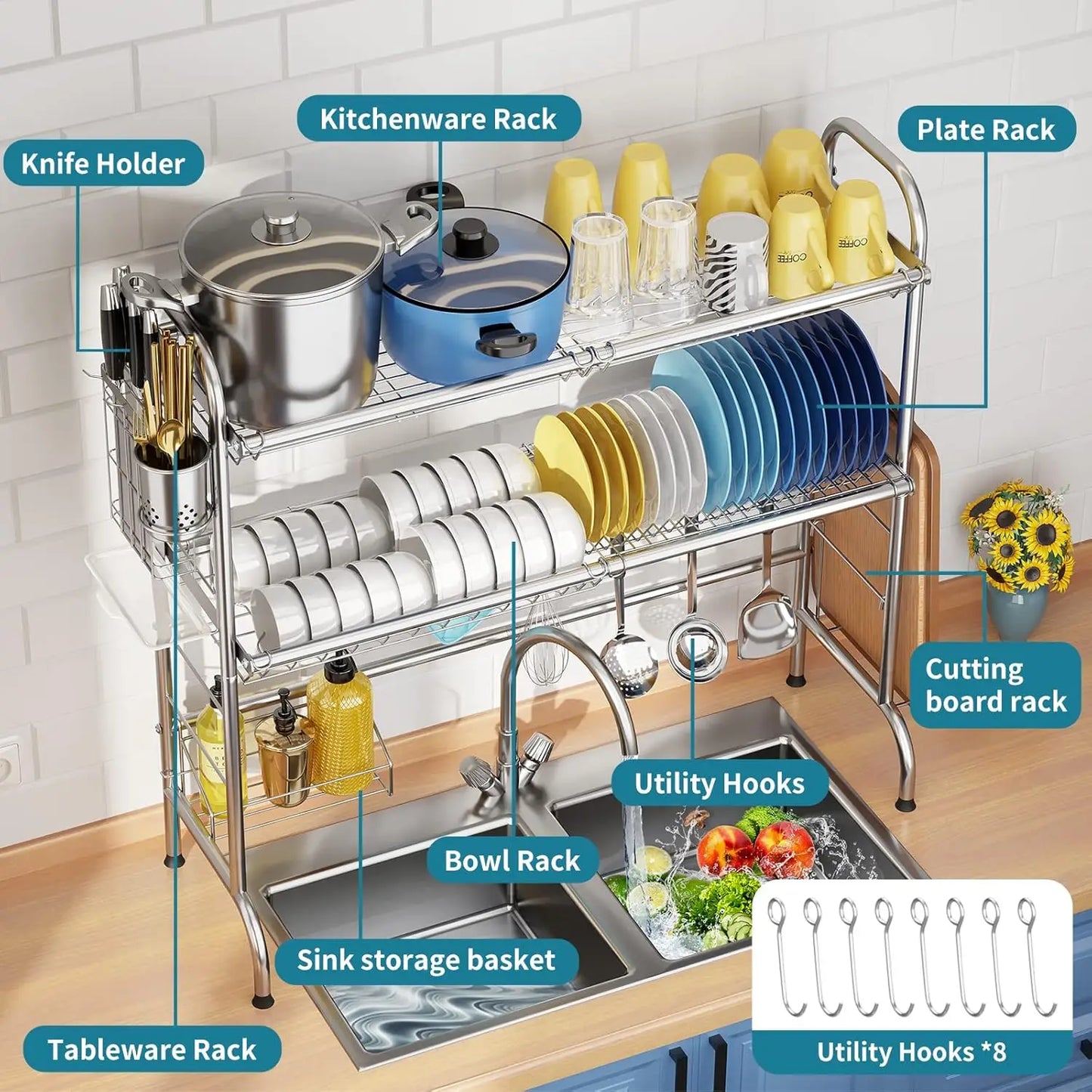 Stainless Steel Over Sink Dish Drying Rack Utensil Holder Large Capacity