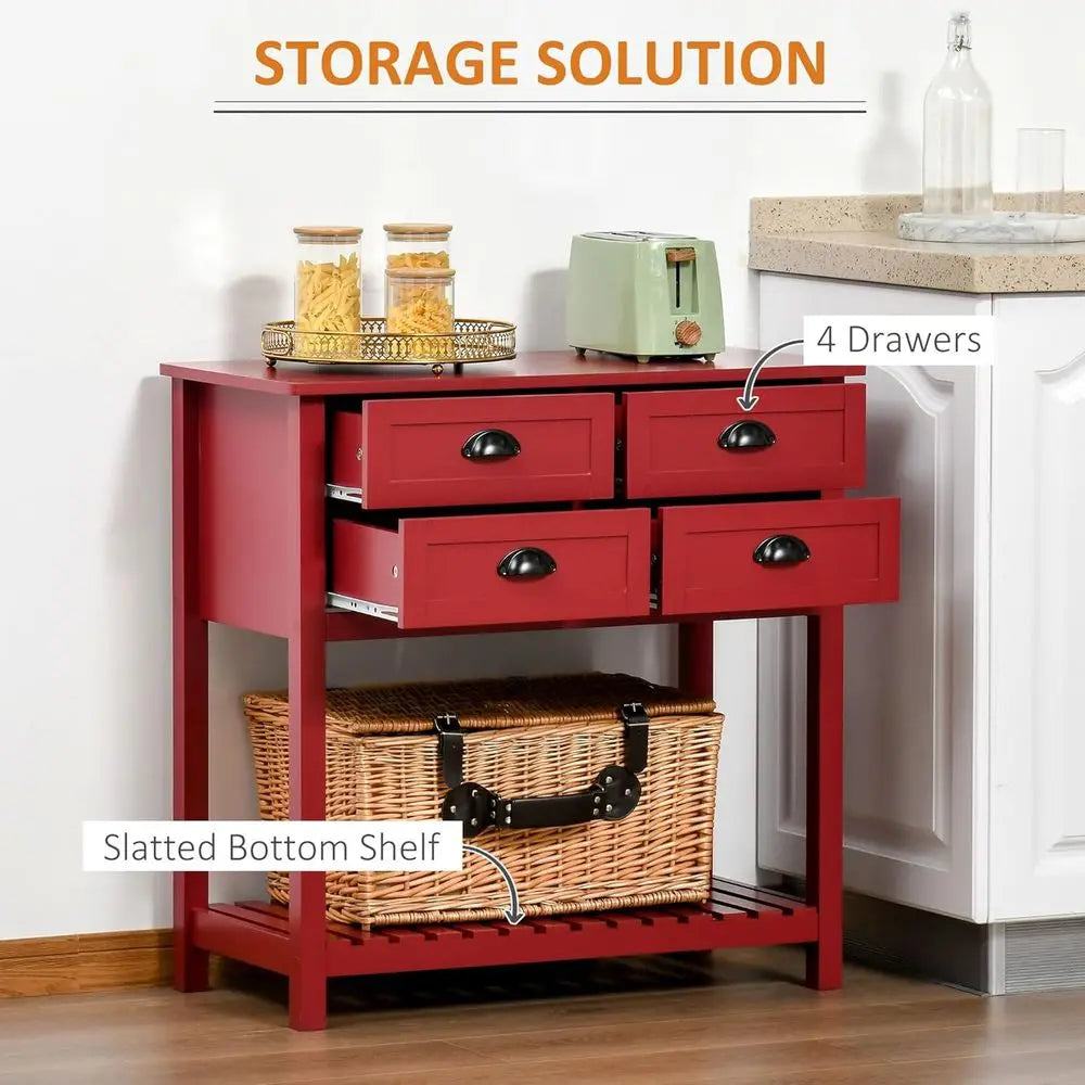 Red Wood Sideboard Bar Cabinet with 4 Doors And Shelves