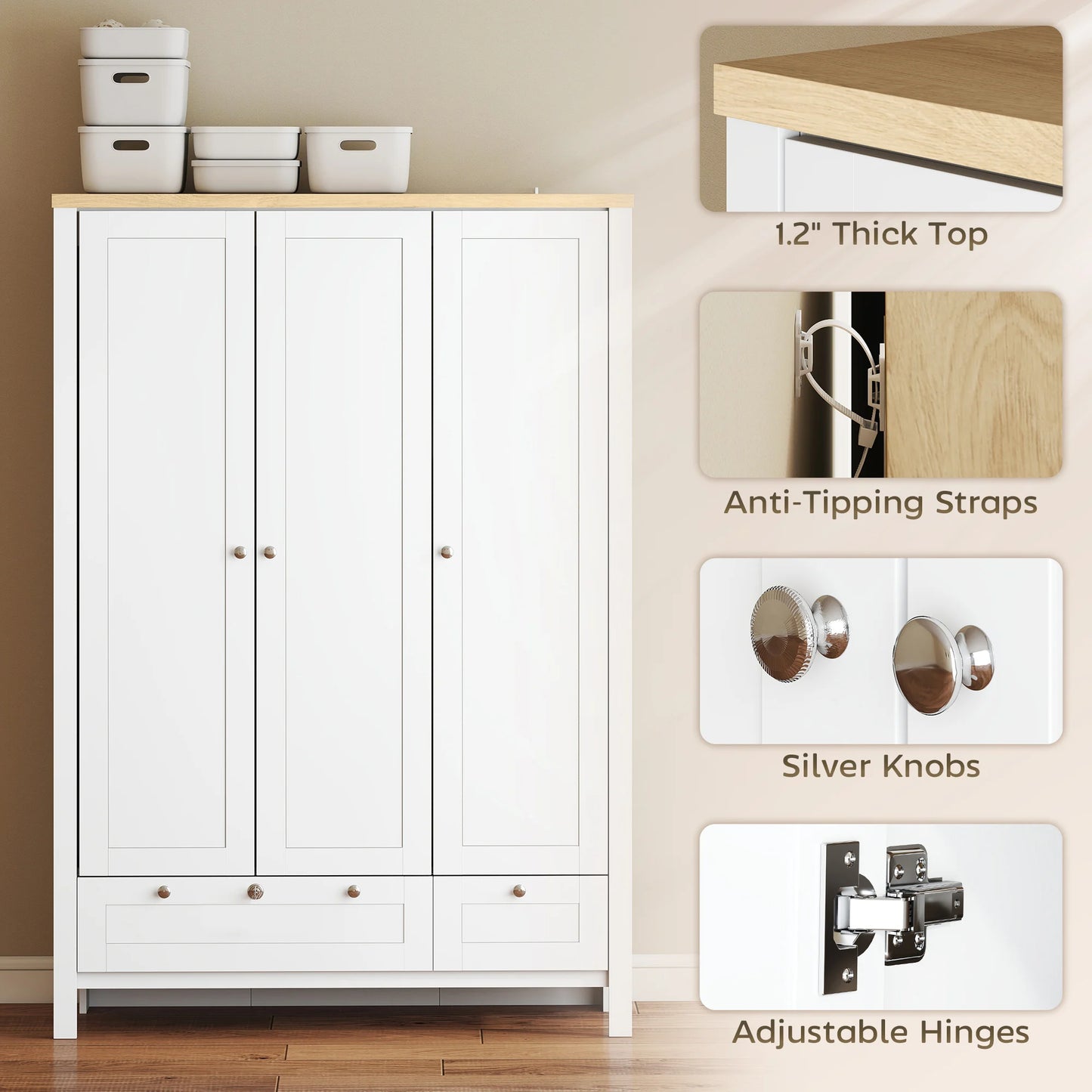 Homcom 3-Door Wardrobe Closet with 2 Drawers, 69" Clothing Storage Cabinet with Lockable Large Drawer, Hanging Rod and Storage Shelves for Bedroom, Wardrobe Cabinet, White