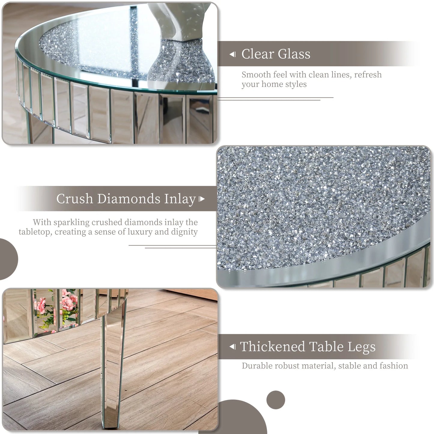 Mirrored Coffee Table With Crystal Inlay Modern Glass Surface