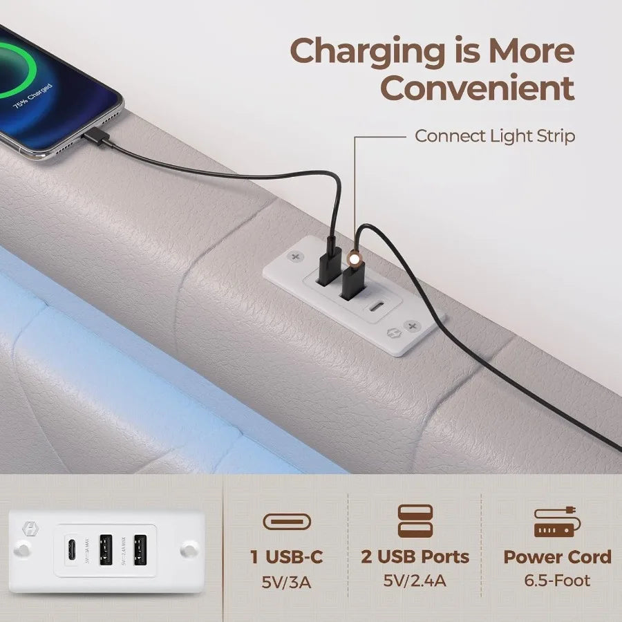 XIUWO LED Headboard For Queen Bed With USB Type-C Port